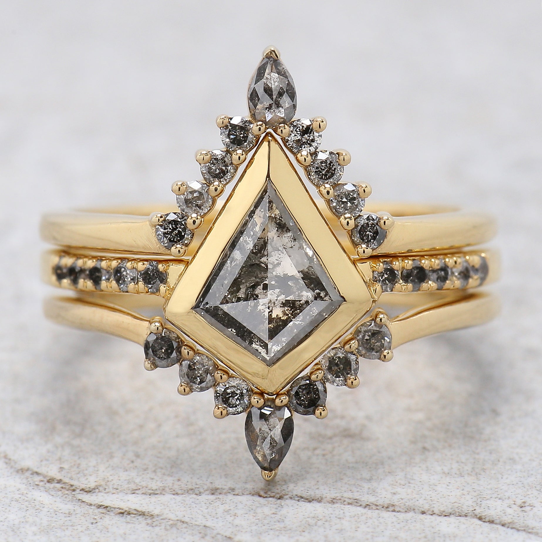 Kite Cut Salt And Pepper Diamond Ring 0.81 CT 8.90 MM Kite Shape Diamond Wedding Ring Set Bezel Set Engagement Ring Gift For Her KDL3391