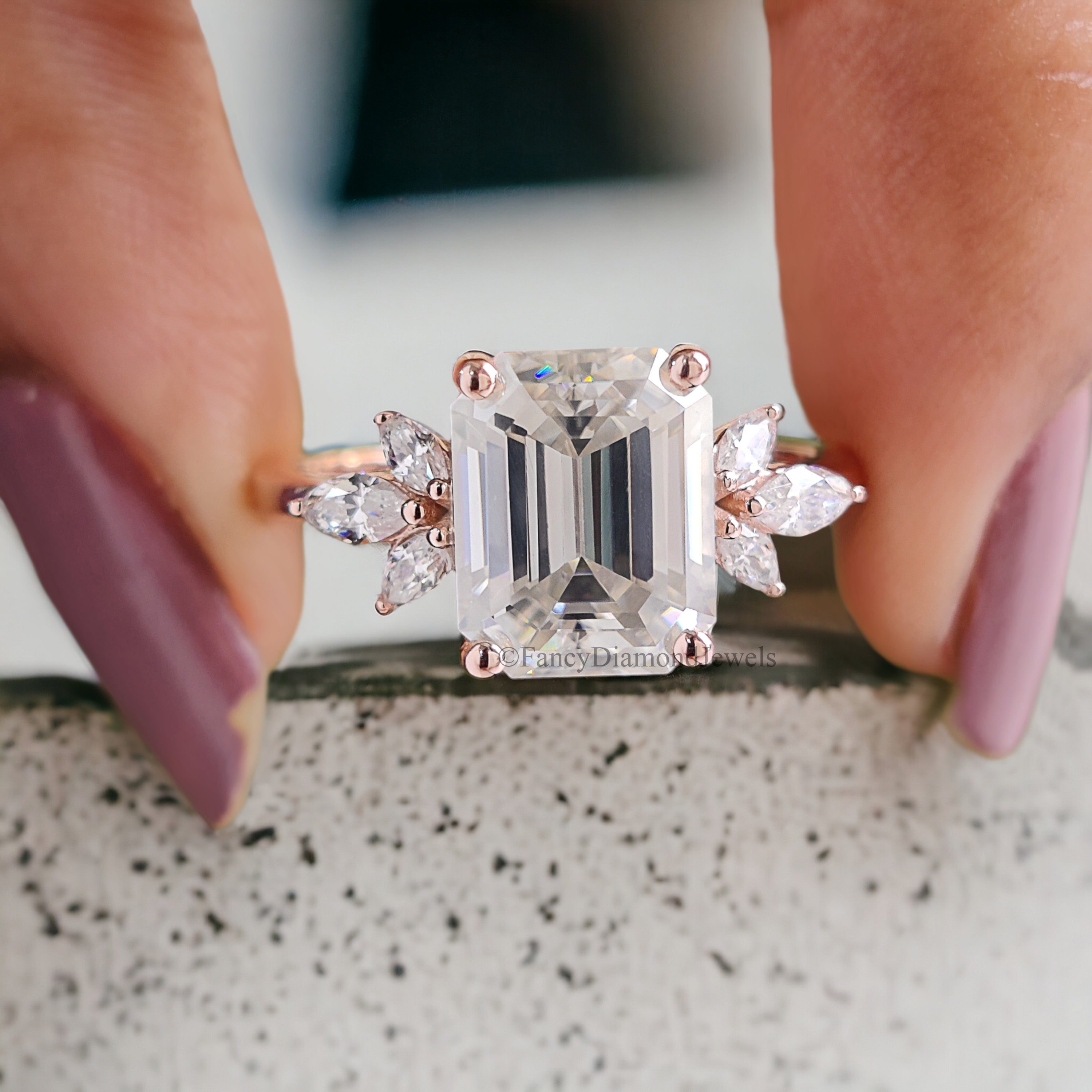Emerald cut Moissanite engagement ring vintage Unique rose gold Marquise cut diamond Cluster engagement ring women wedding Bridal gift FD176