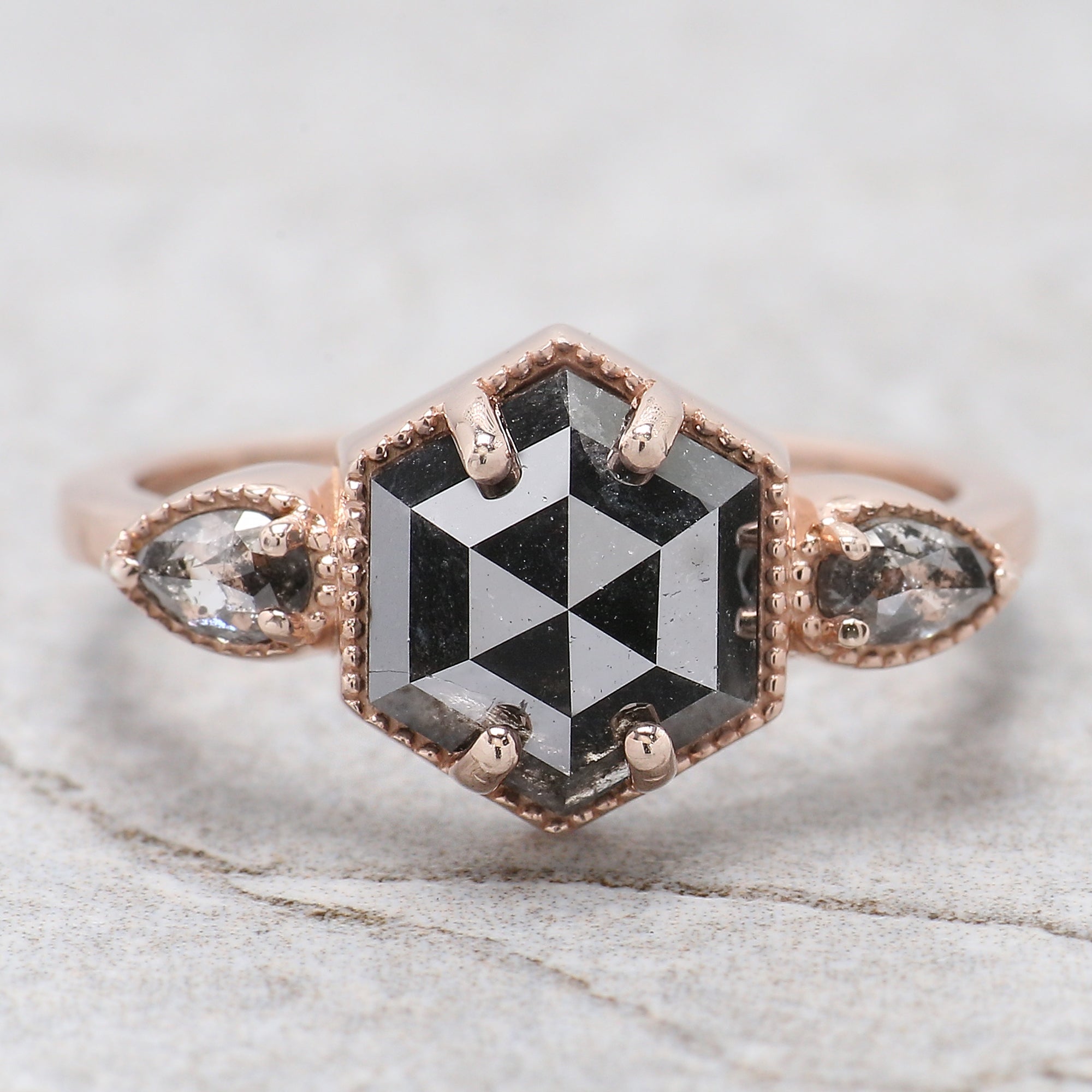 2.45 Ct Natural Hexagon Salt And Pepper Diamond Ring 9.25 MM Hexagon Shape Diamond Ring 14K Solid Rose Gold Silver Engagement Ring QL1092