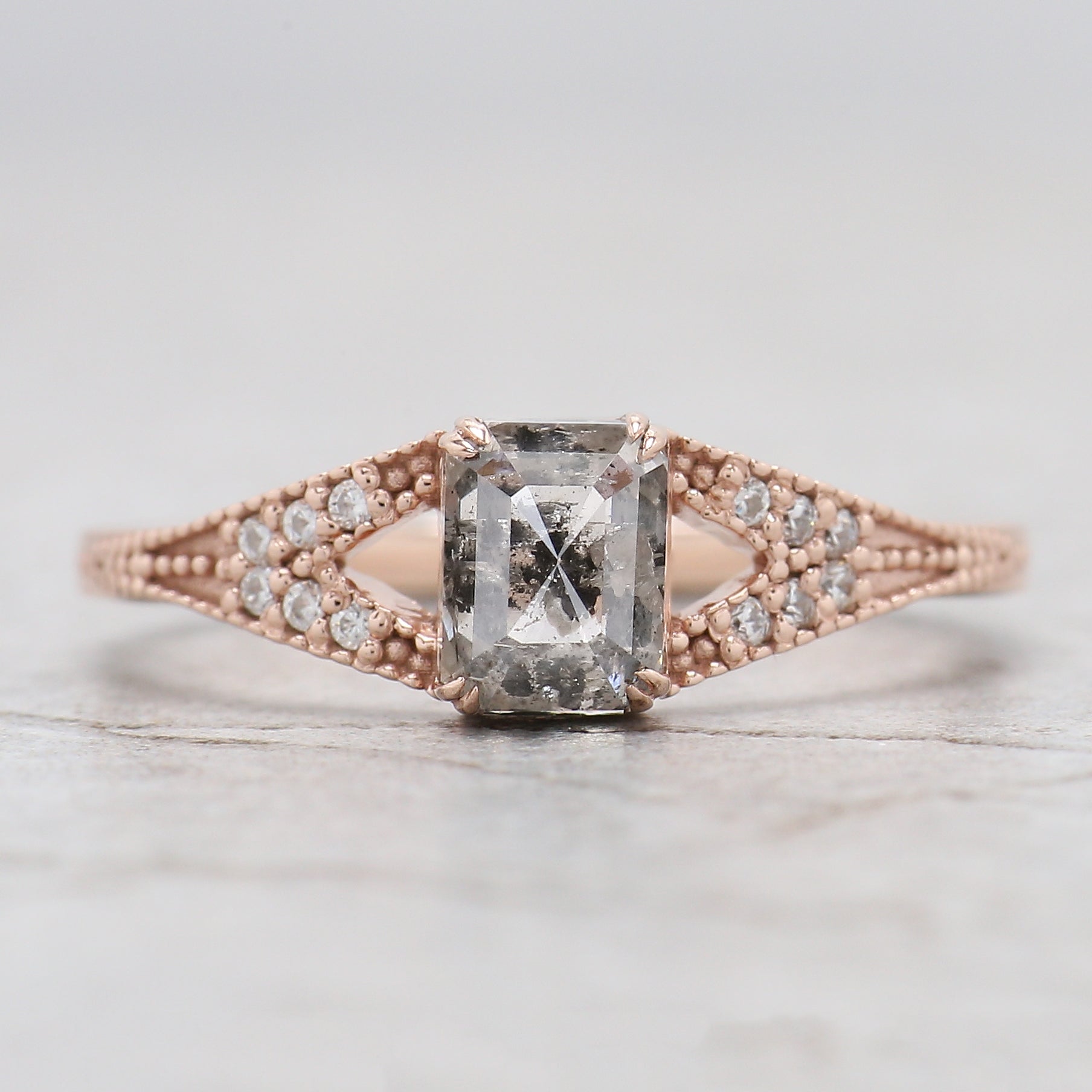 Emerald Cut Salt And Pepper Diamond Ring 0.94 Ct 5.88 MM Emerald Diamond Ring 14K Solid Rose Gold Silver Engagement Ring Gift For Her QL9559