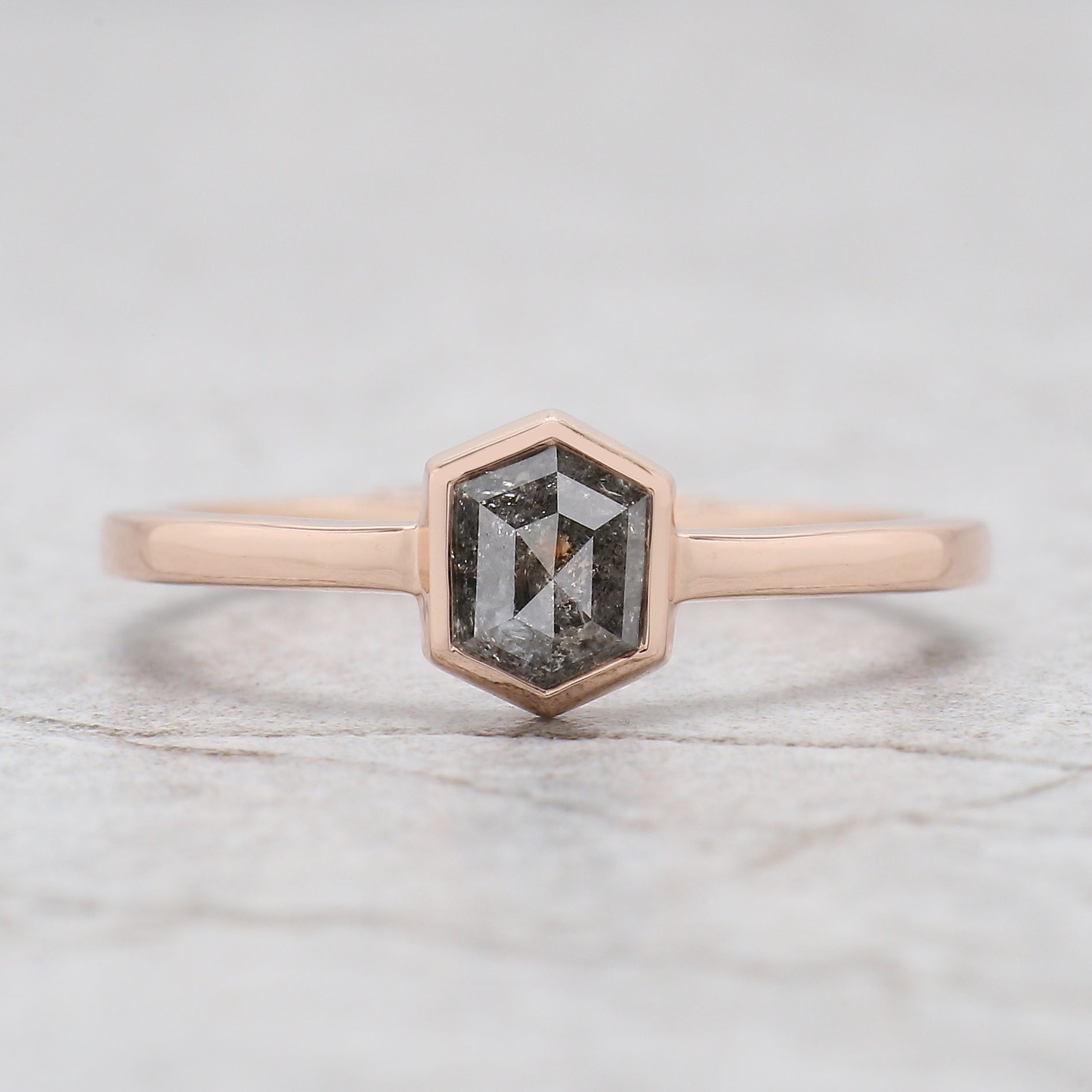 Hexagon Cut Salt And Pepper Diamond Ring 0.76 Ct 5.96 MM Hexagon Diamond Ring 14K Solid Rose Gold Silver Engagement Ring Gift For Her QN2187