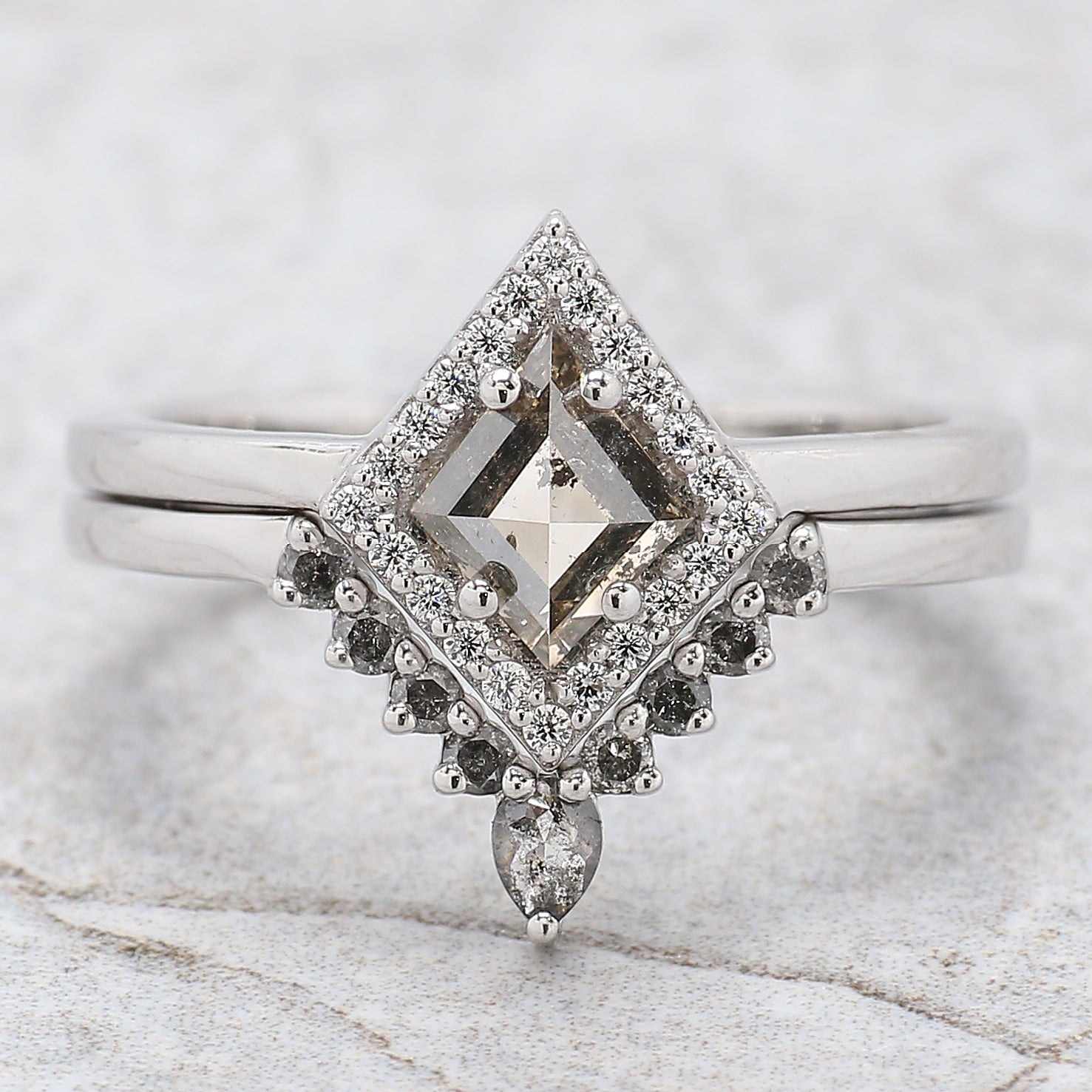 Kite Cut Salt And Pepper Diamond Ring 0.84 Ct 7.11 MM Kite Diamond Ring 14K Solid White Gold Silver Kite Engagement Ring Gift For Her QL2602