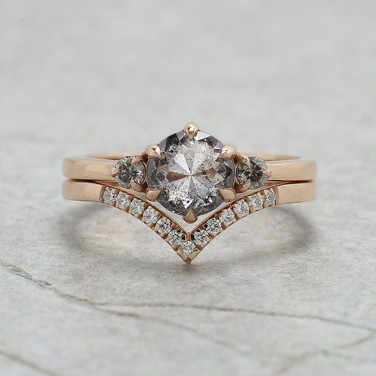 Round Rose Cut Salt and Pepper Diamond Ring, 14K Rose Gold Round Engagement Ring, Bridal Ring Set, Unique Diamond Ring Gift for Her KDL3613