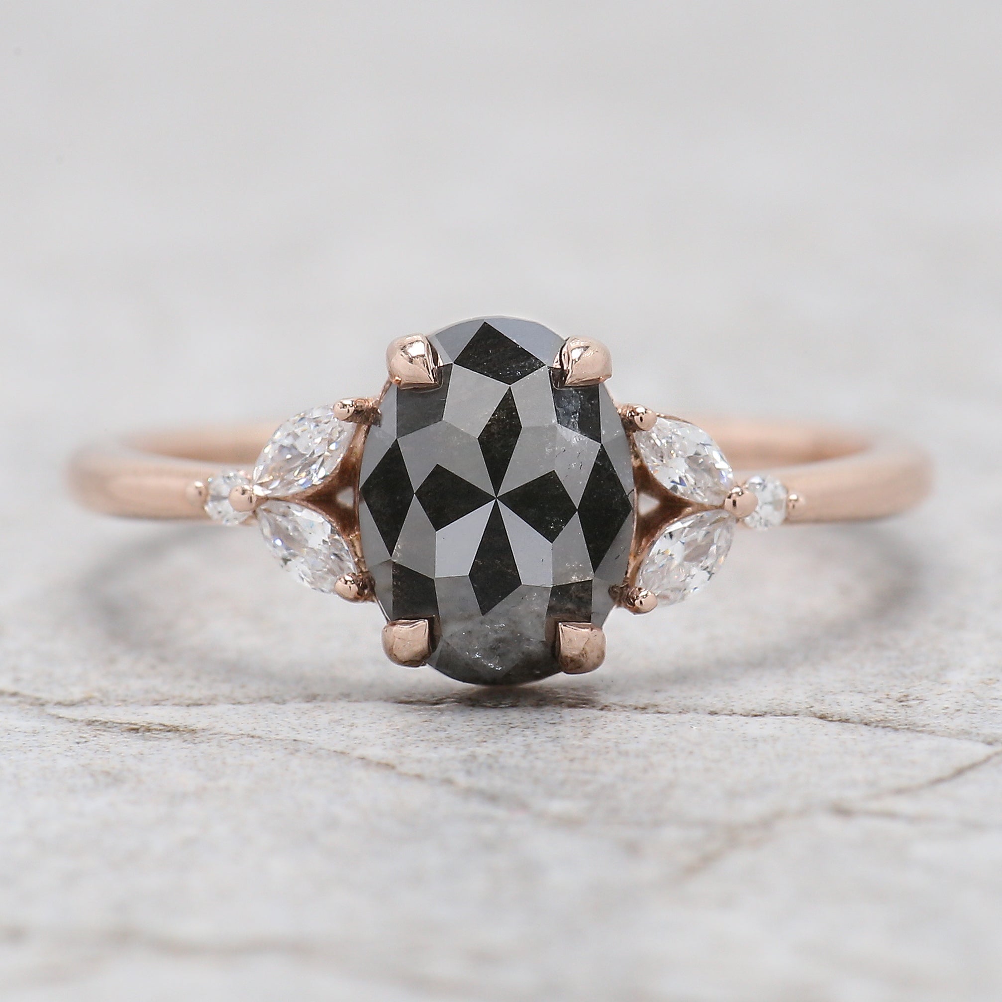 Oval Cut Salt And Pepper Diamond Ring 1.49 Ct 8.03 MM Oval Diamond Ring 14K Solid Rose Gold Silver Oval Engagement Ring Gift For Her QL2889