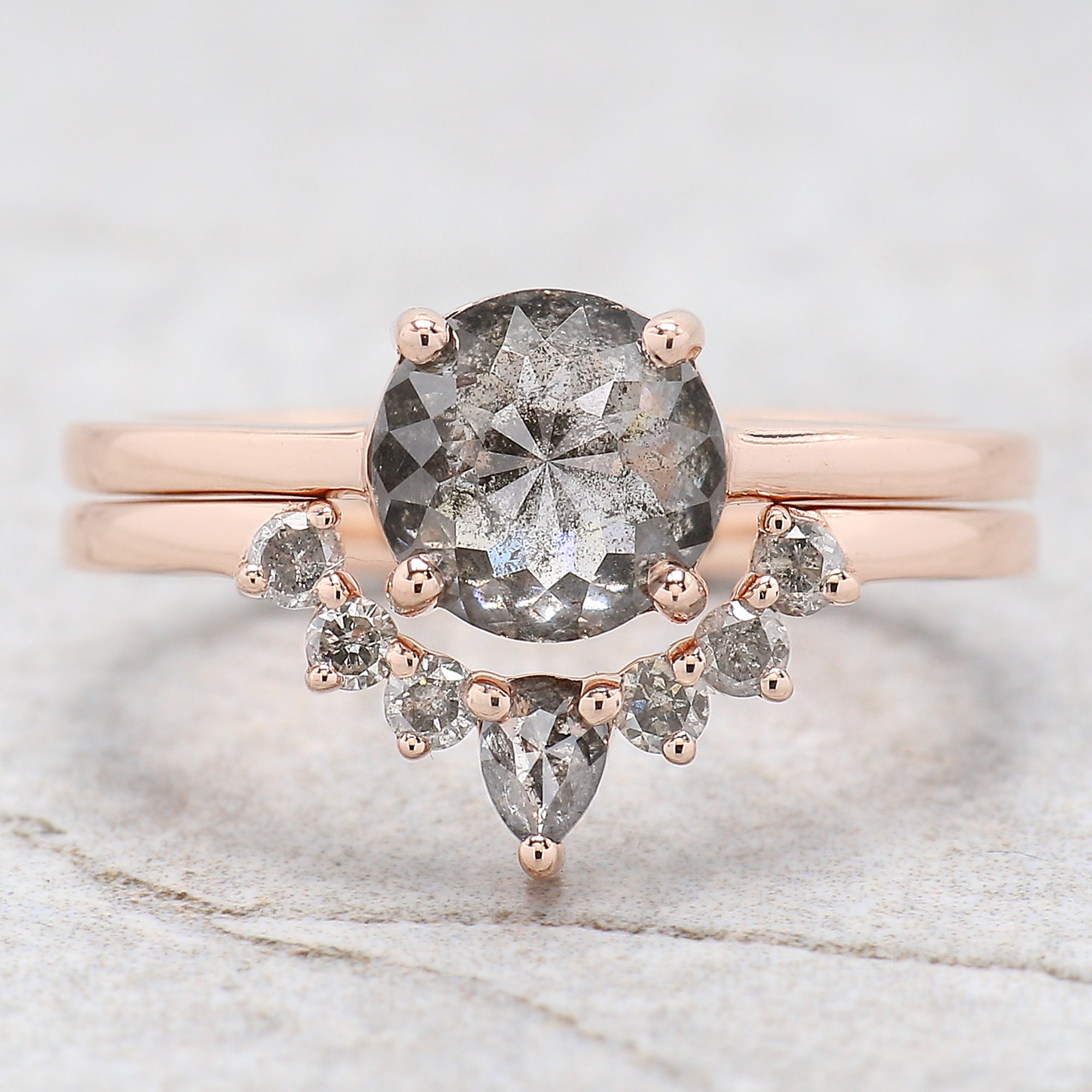 Round Rose Cut Salt And Pepper Diamond Ring 1.57 Ct 7.06 MM Round Diamond Ring 14K Rose Gold Silver Engagement Ring Gift For Her QL9234
