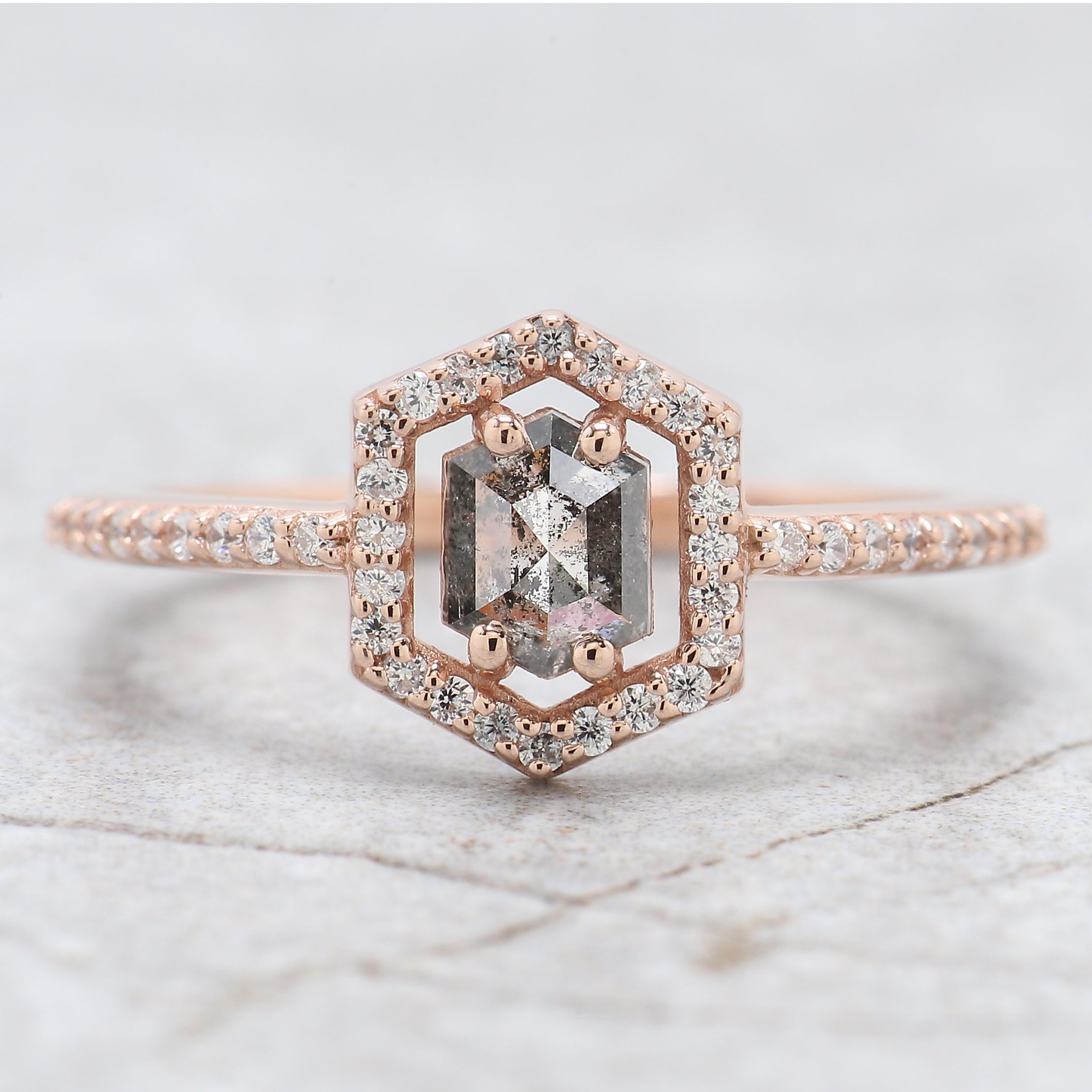 0.57 Ct Natural Hexagon Salt And Pepper Diamond Ring 5.40 MM Hexagon Shape Diamond Ring 14K Solid Rose Gold Silver Engagement Ring QN747