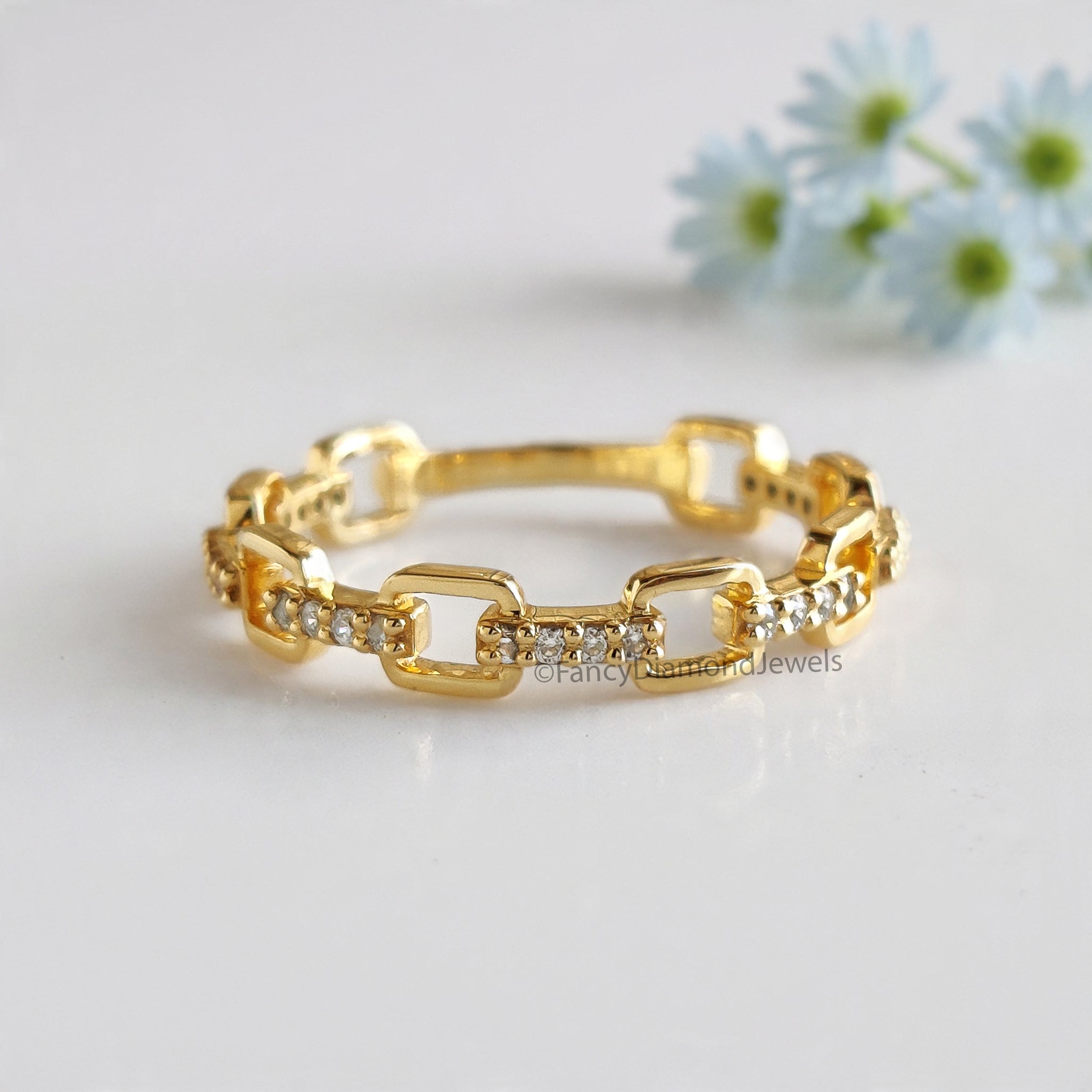 Round Cut Diamond Wedding Band Yellow Gold Unique Wedding Band Pave Diamond Chain Link Band Minimal Dainty Stacking Band Gift For Her FD539