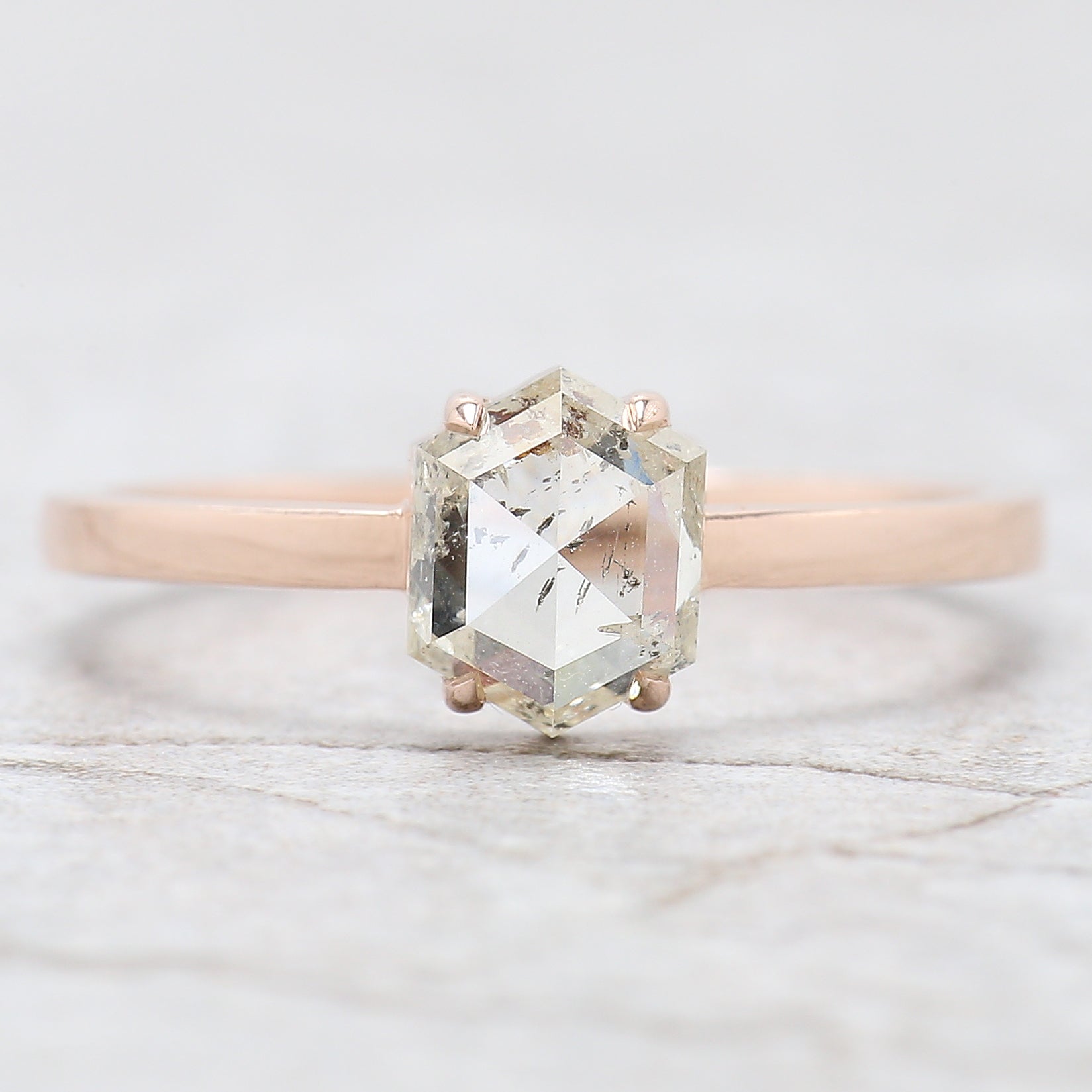 Hexagon Cut Salt And Pepper Diamond Ring 1.12 Ct 6.84 MM Hexagon Diamond Ring 14K Rose Gold Silver Engagement Ring Gift For Her QL2683