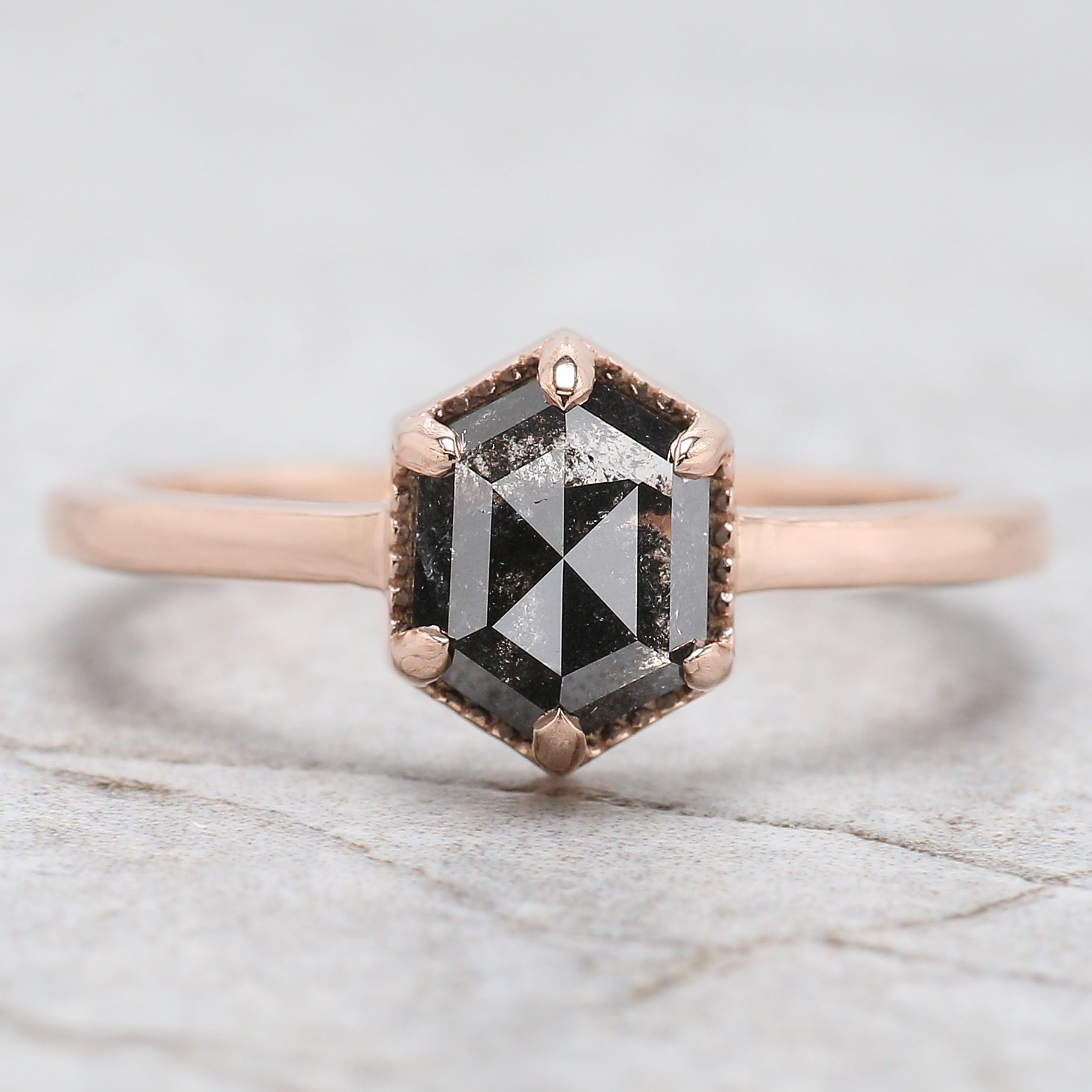 Hexagon Cut Salt And Pepper Diamond Ring 1.43 Ct 7.65 MM Hexagon Diamond Ring 14K Solid Rose Gold Silver Engagement Ring Gift For Her QL2704