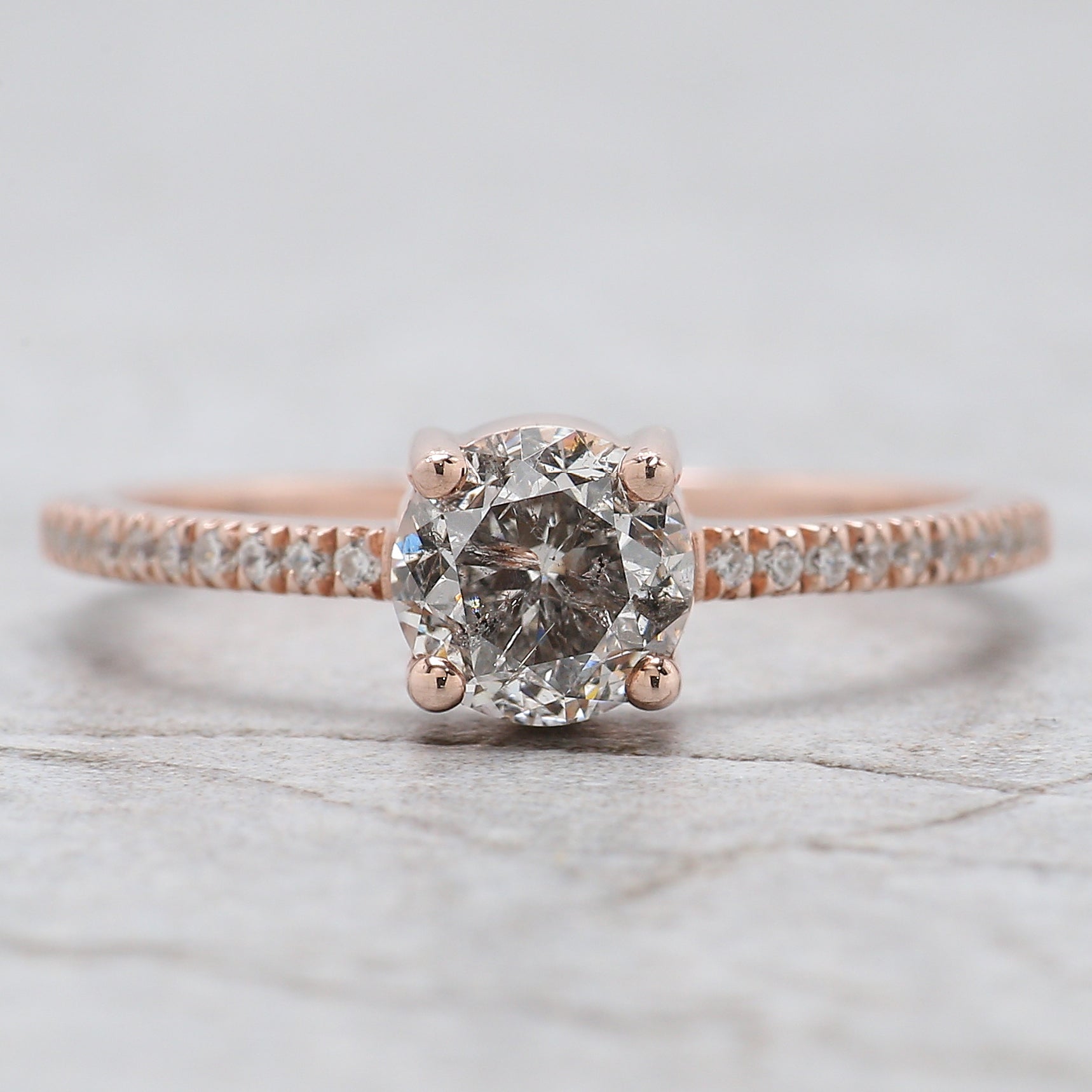 Round Salt And Pepper Diamond Ring 0.86 Ct 5.70 MM Round Cut Diamond Ring 14K Solid Rose Gold Silver Engagement Ring Gift For Her QL2652