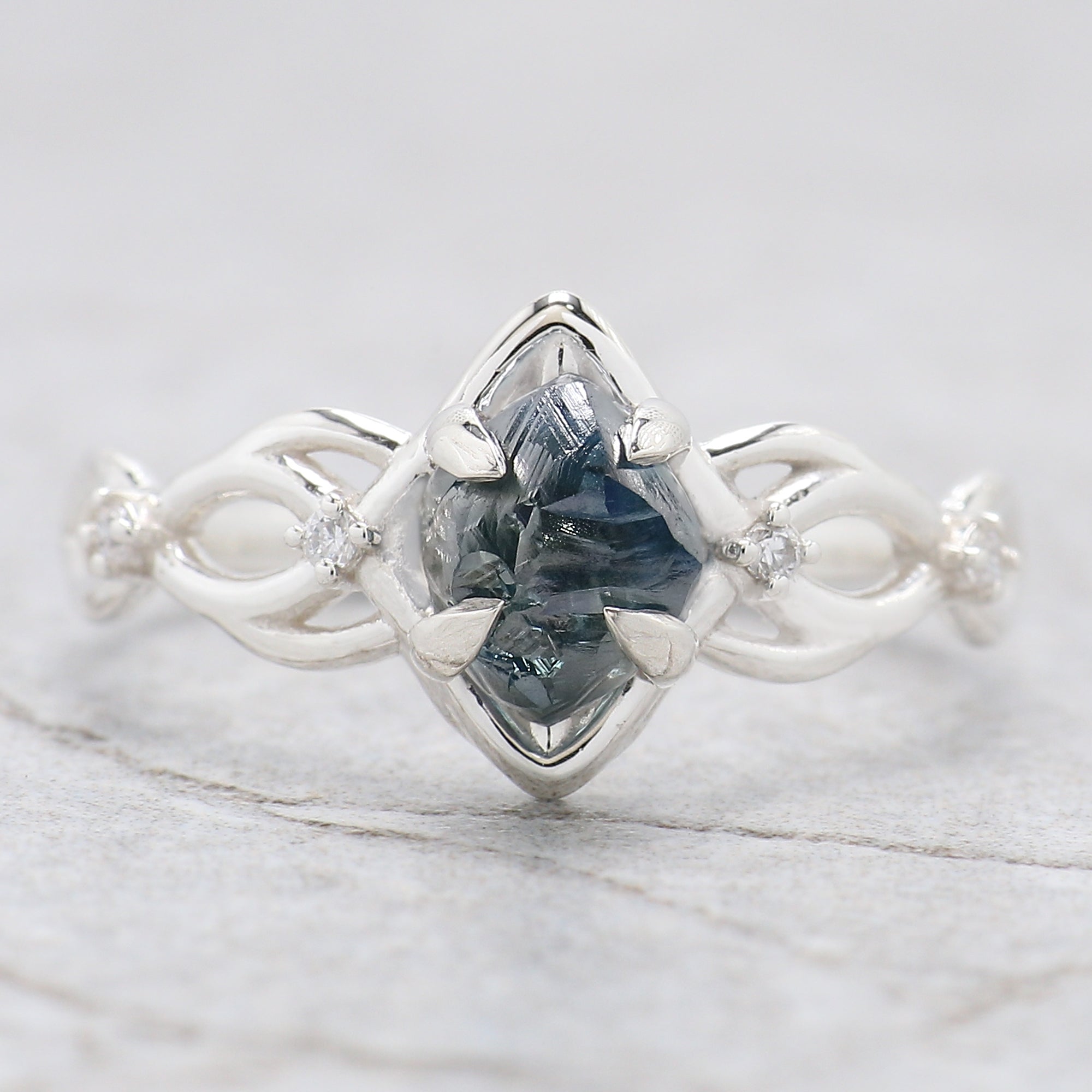 Rough Blue Color Diamond Ring 1.48 Ct 6.99 MM Crystal Rough Diamond Ring 14K Solid White Gold Silver Engagement Ring Gift For Her QL2357