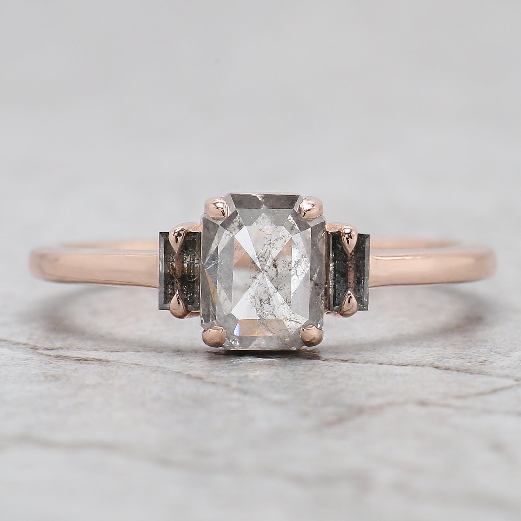 Emerald Cut Salt And Pepper Diamond Ring 0.95 Ct 6.45 MM Emerald Diamond Ring 14K Solid Rose Gold Silver Engagement Ring Gift For Her QL2745