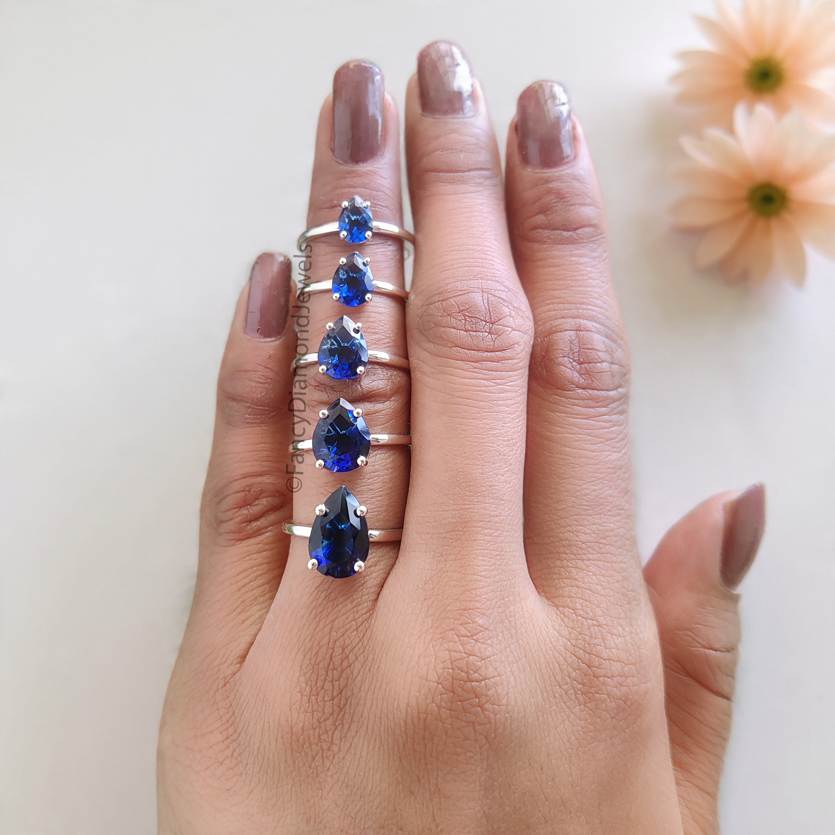 Pear Blue Sapphire engagement ring 12mm 10mm 9mm 8mm 7mm stone ring Simulant Solitaire ring Diamond ring Silver ring Gift for her FD547