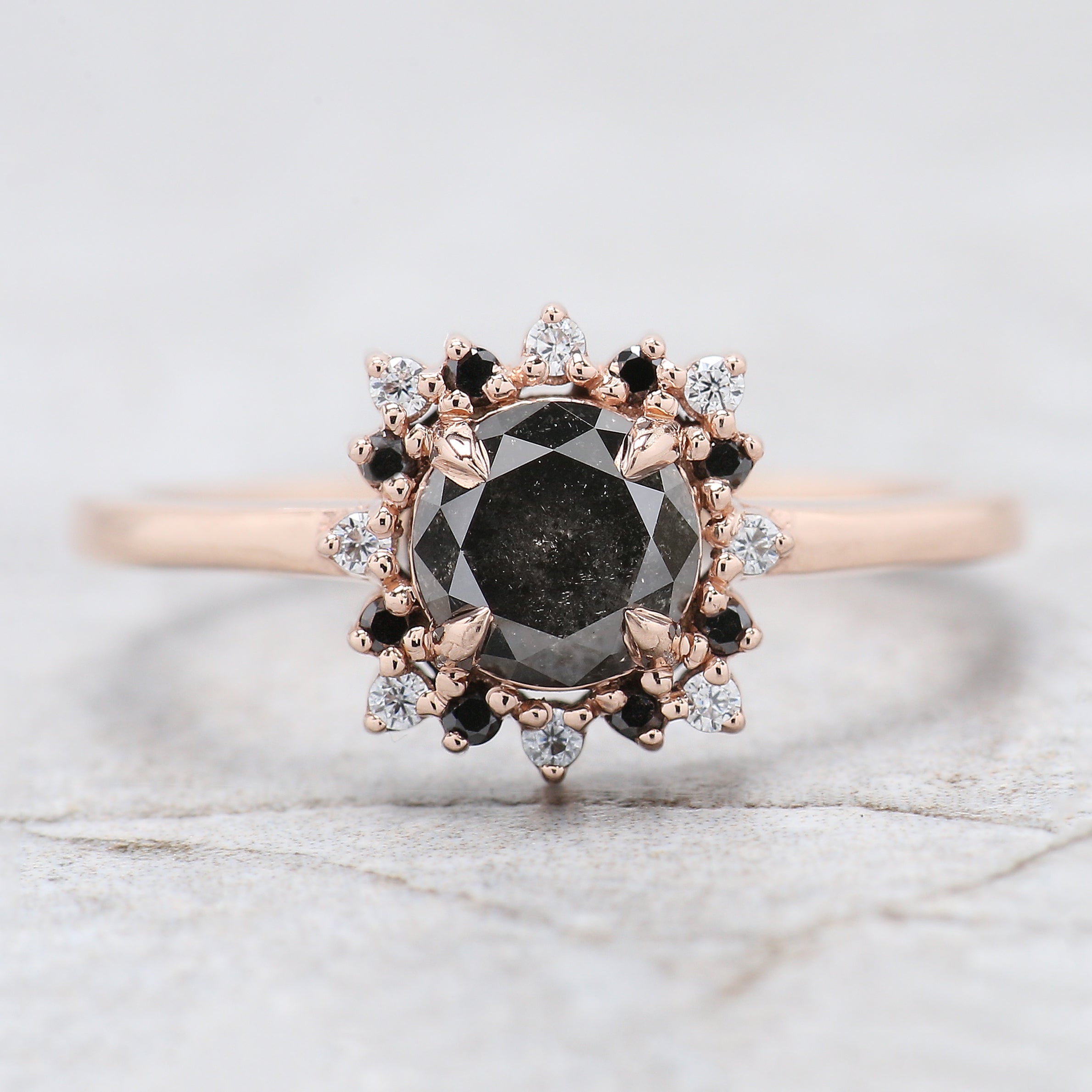 Round Cut Salt And Pepper Diamond Ring 0.83 Ct 5.69 MM Round Diamond Ring 14K Solid Rose Gold Silver Engagement Ring Gift For Her QL2168