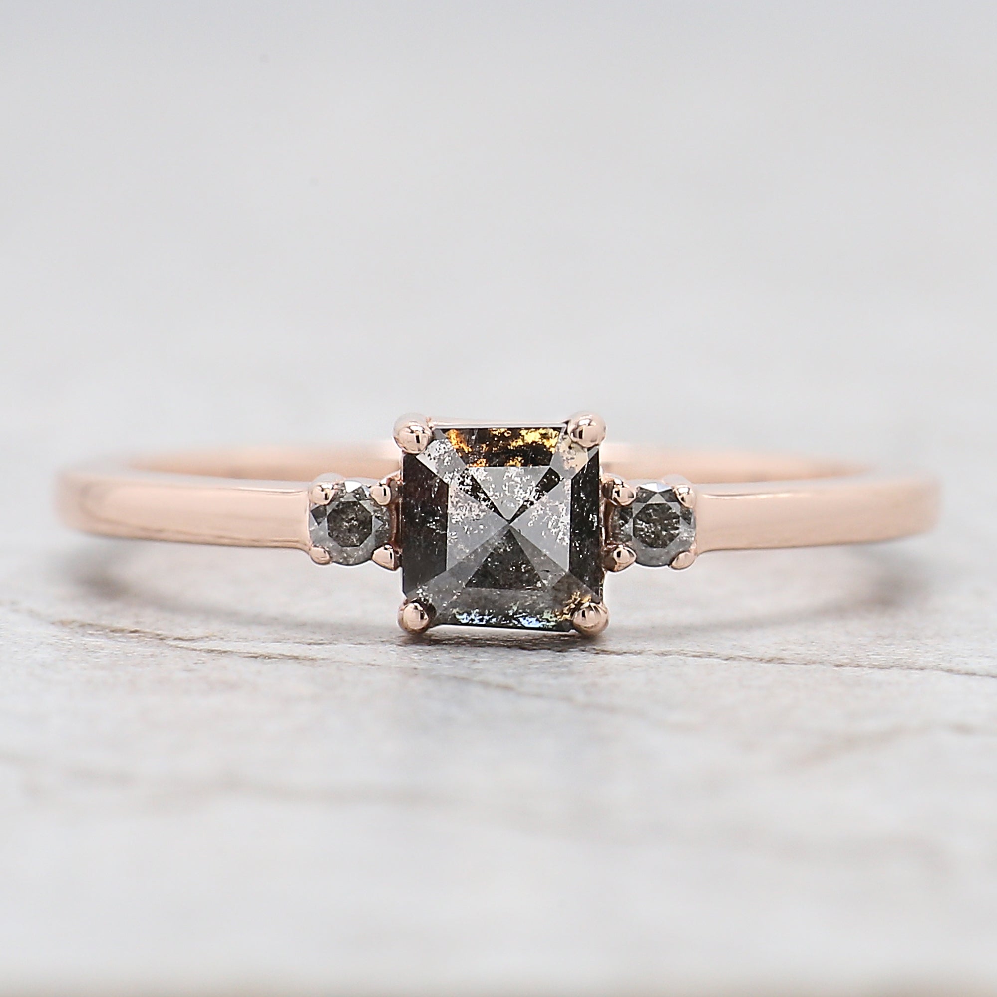 Emerald Cut Salt And Pepper Diamond Ring 0.47 Ct 4.50 MM Emerald Diamond Ring 14K Solid Rose Gold Silver Engagement Ring Gift For Her QL6853