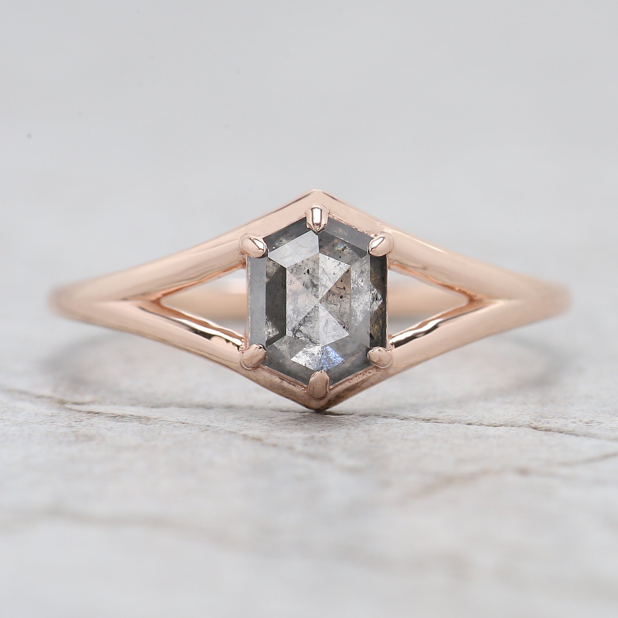Hexagon Cut Salt And Pepper Diamond Ring 0.78 Ct 6.30 MM Hexagon Cut Diamond Ring 14K Rose Gold Silver Engagement Ring Gift For Her QL1403