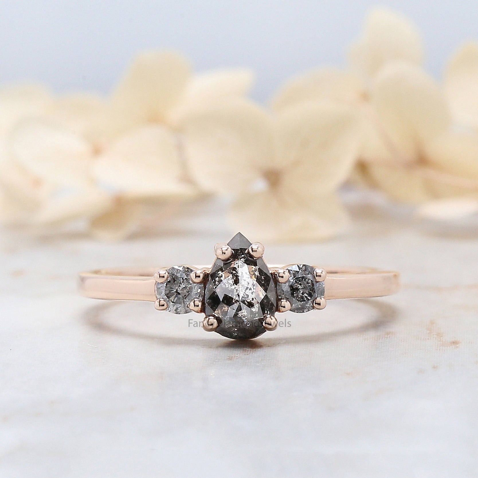 Pear Cut Salt And Pepper Diamond Ring 0.62 Ct 6.67 MM Pear Diamond Ring 14K Solid Rose Gold Silver Pear Engagement Ring Gift For Her QL3026