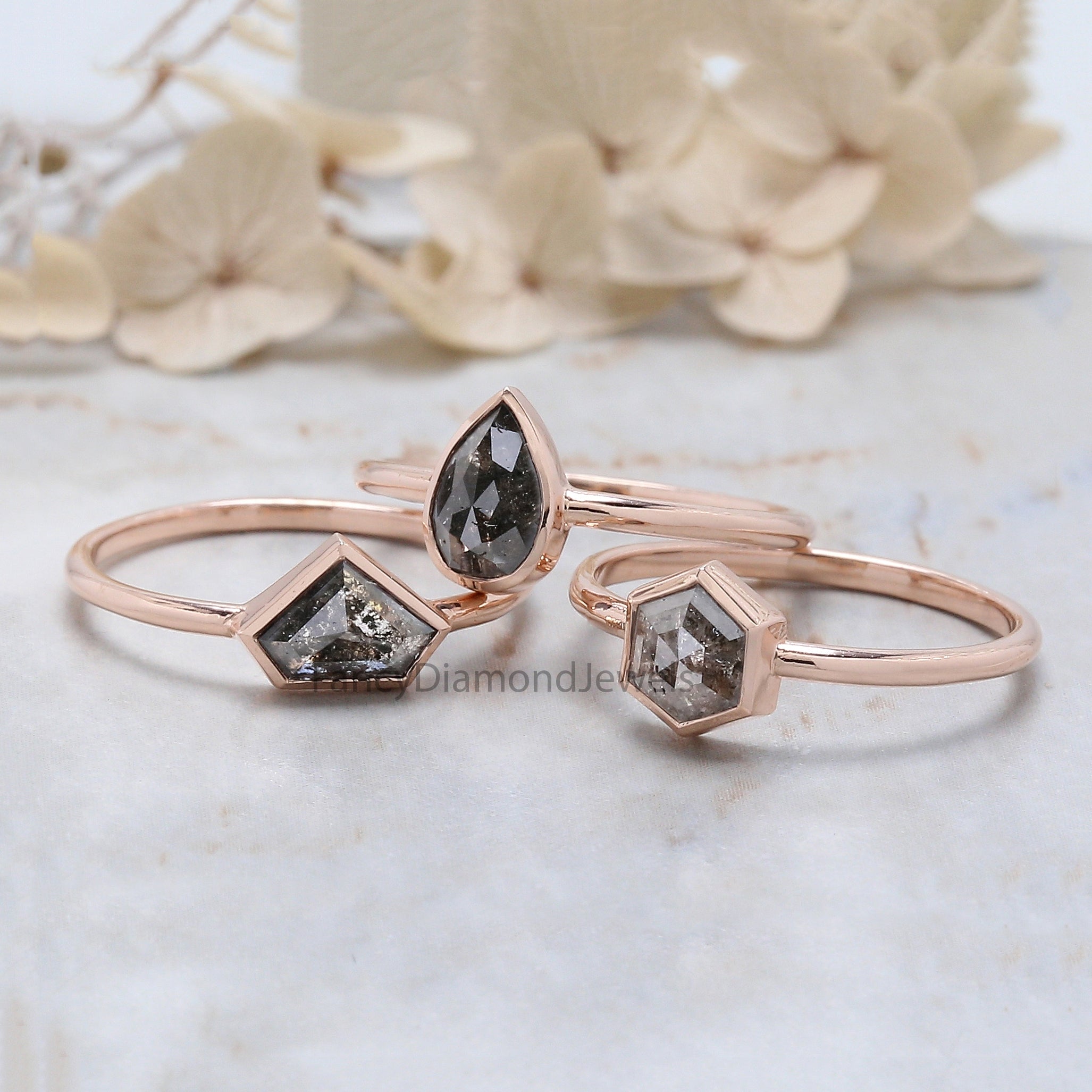 Mix Shape Salt And Pepper Diamond Ring 1.73 Ct 7.15 MM Mix Shape Diamond Ring 14K Solid Rose Gold Silver Engagement Ring Gift For Her QL1063