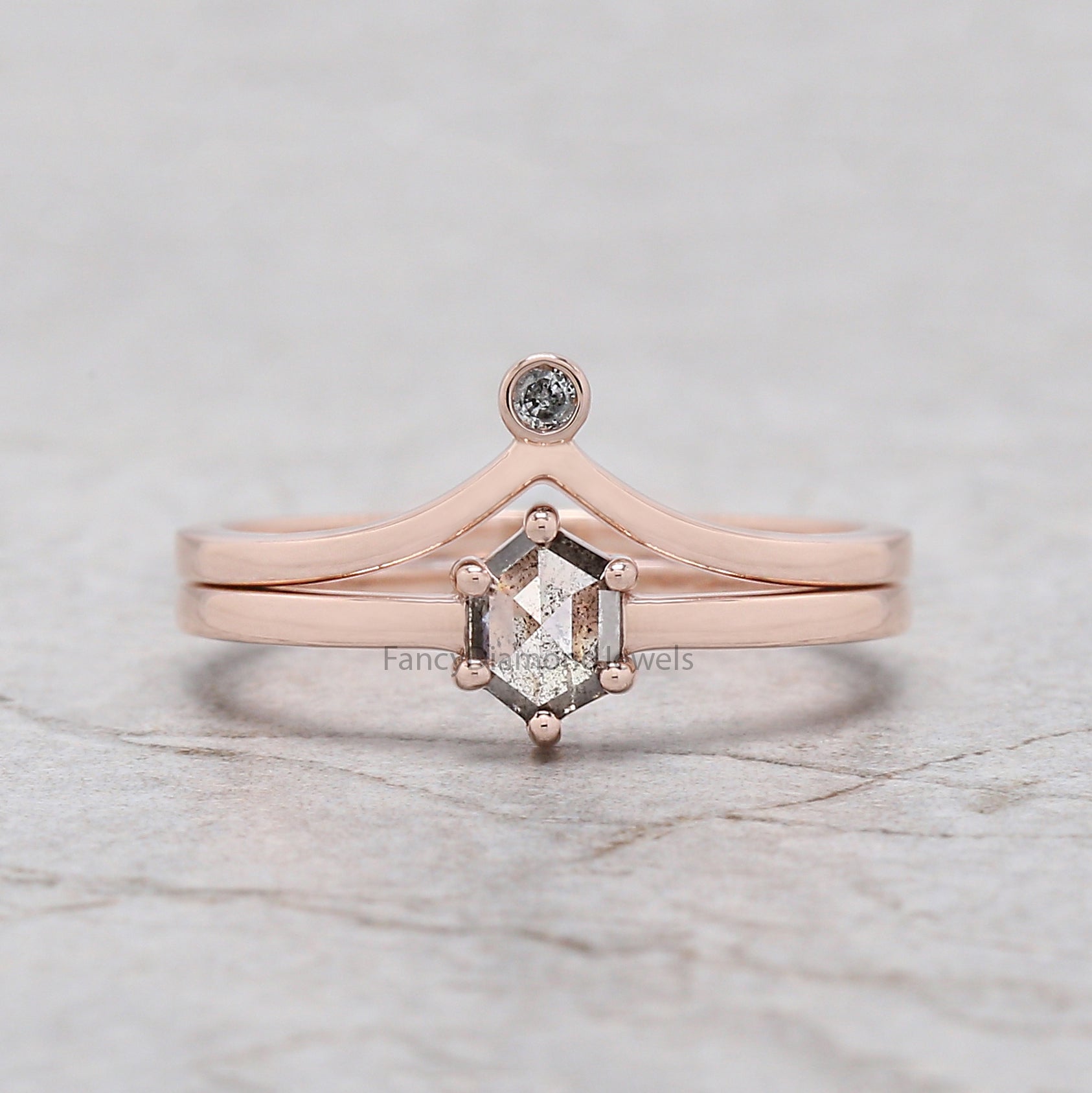 Hexagon salt and pepper Diamond Ring, Salt and pepper Hexagon Diamond Engagement Ring, Hexagon Diamond Ring, Hexagon Bridal Ring Set, KD1143