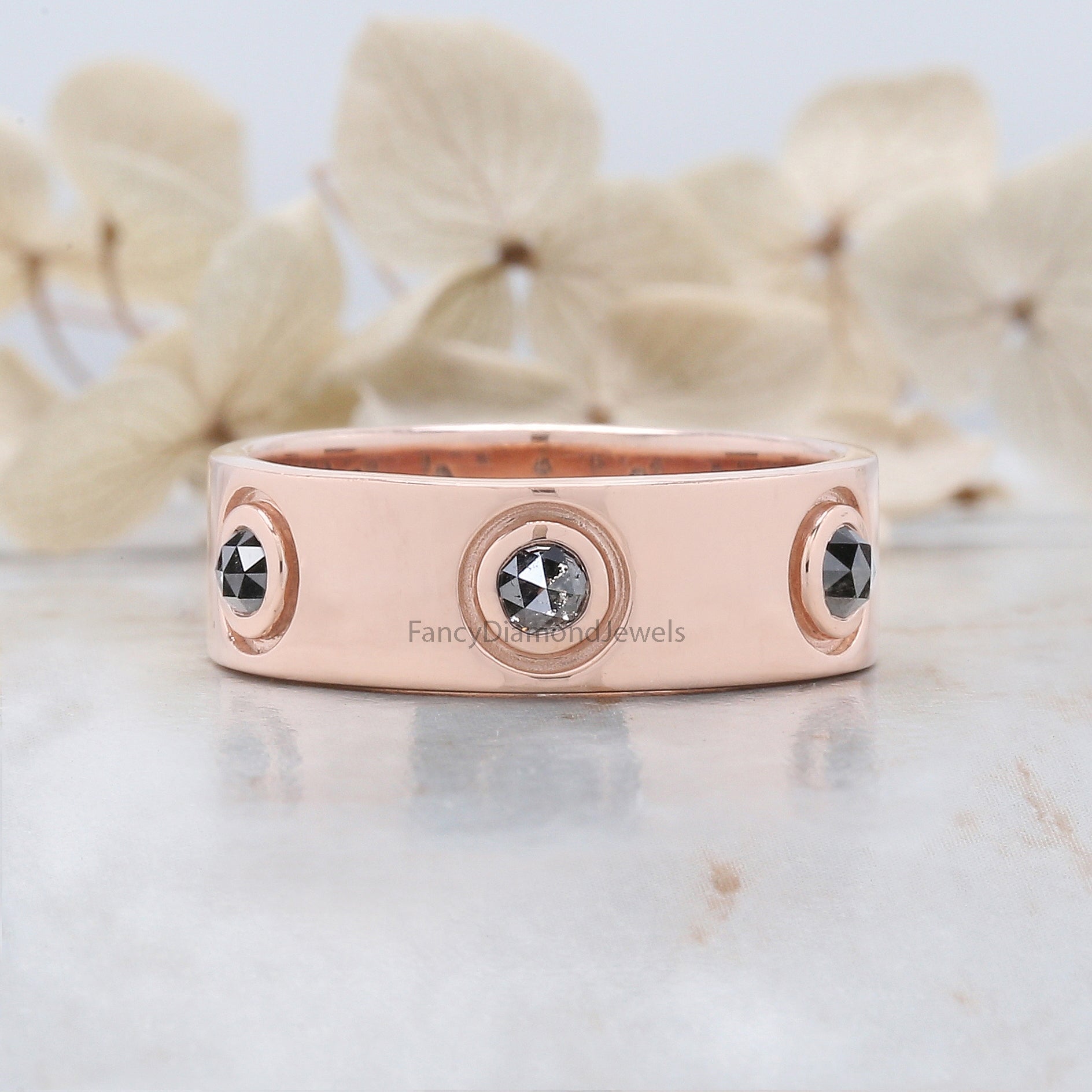 Round Rose Cut Salt And Pepper Diamond Band 1.17 Ct 3.30 MM Round Diamond Band 14K Rose Gold Silver Engagement Band Gift For Him QL6222