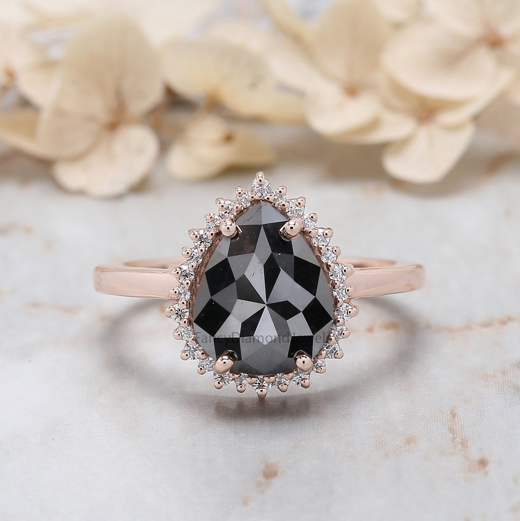 Pear Shape Black Color Diamond Ring 2.67 Ct 10.30 MM Pear Cut Diamond Ring 14K Solid Rose Gold Silver Engagement Ring Gift For Her QL3113