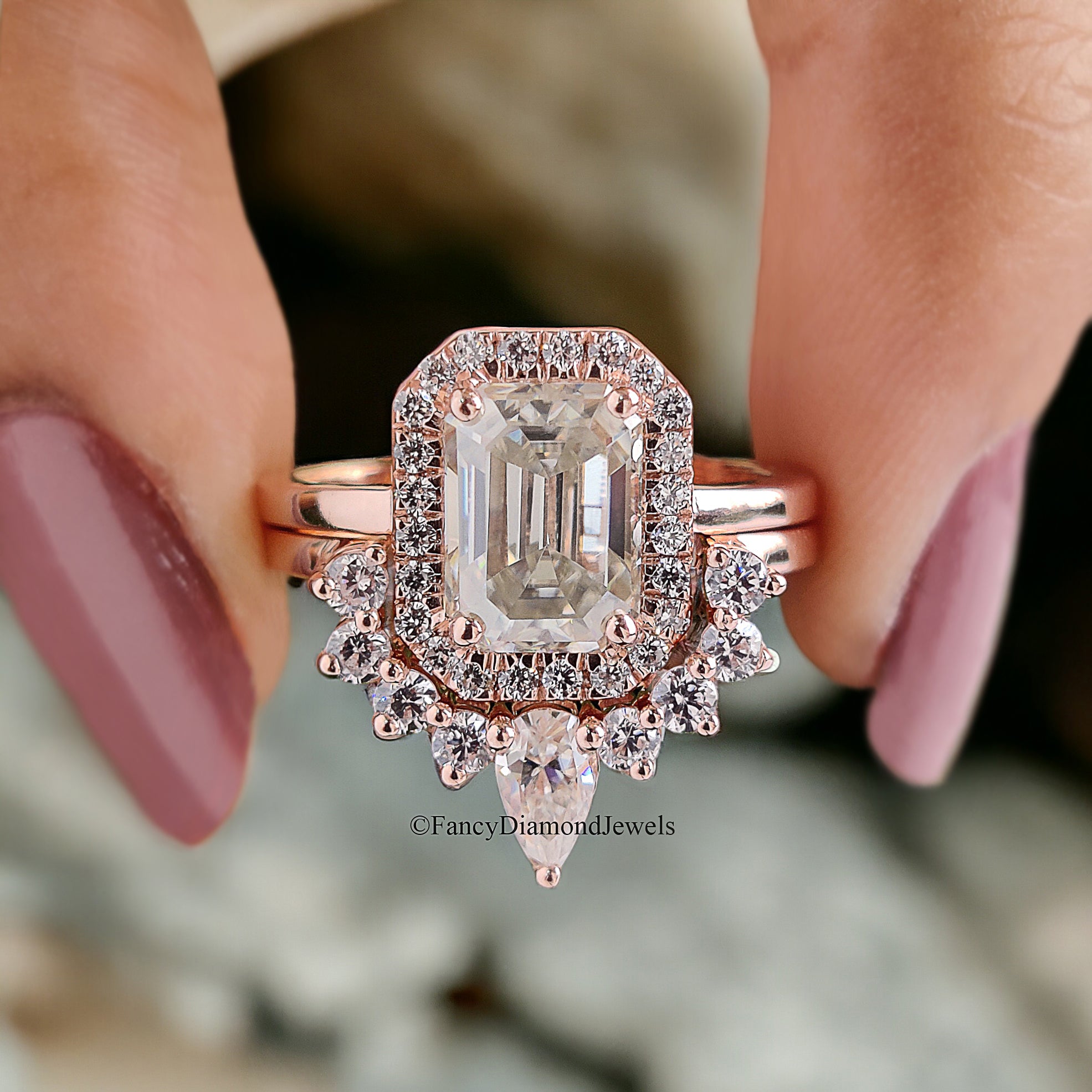 Vintage Moissanite Engagement Ring Set 1.85 CT Moissanite Ring Emerald Ring Rose Gold Ring Unique Stacking Ring Diamond Cluster Ring FD90