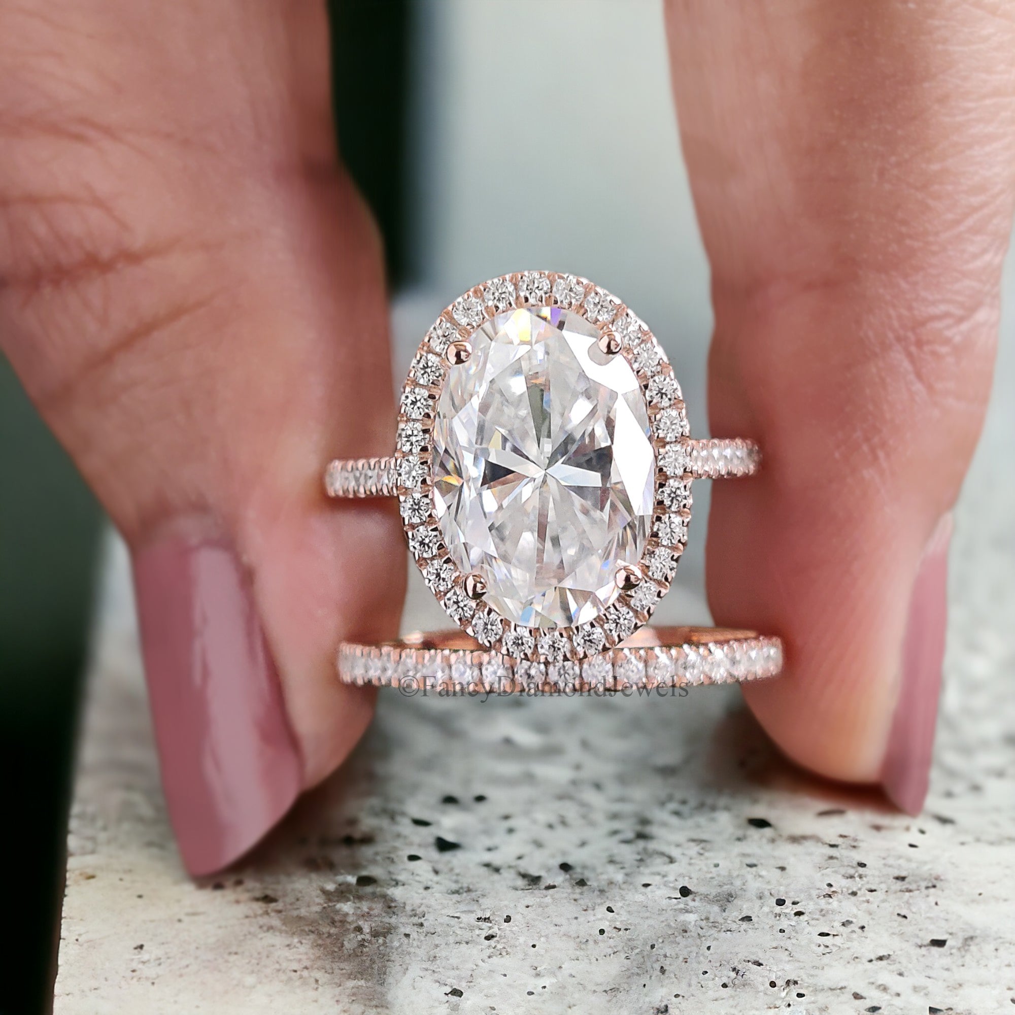 Oval Moissanite Engagement Ring Rose Gold Moissanite And Diamond Halo Ring Diamond Half Eternity Band Moissanite Bridal Ring Set FD134