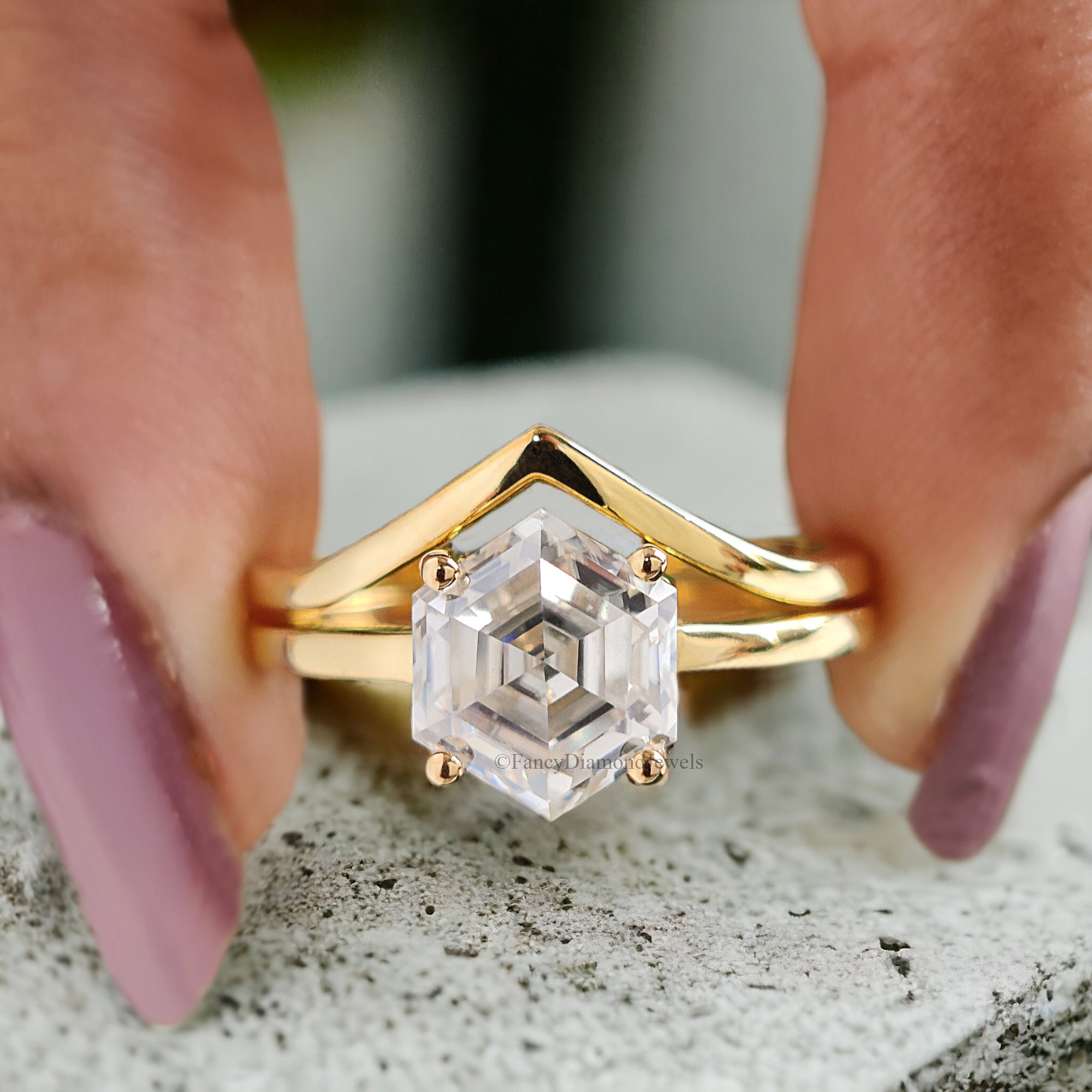 Hexagon Moissanite Bridal Ring Colorless Moissanite Wedding Ring Solid Gold Anniversary Band Solitaire Moissanite Engagement Ring Set FD165