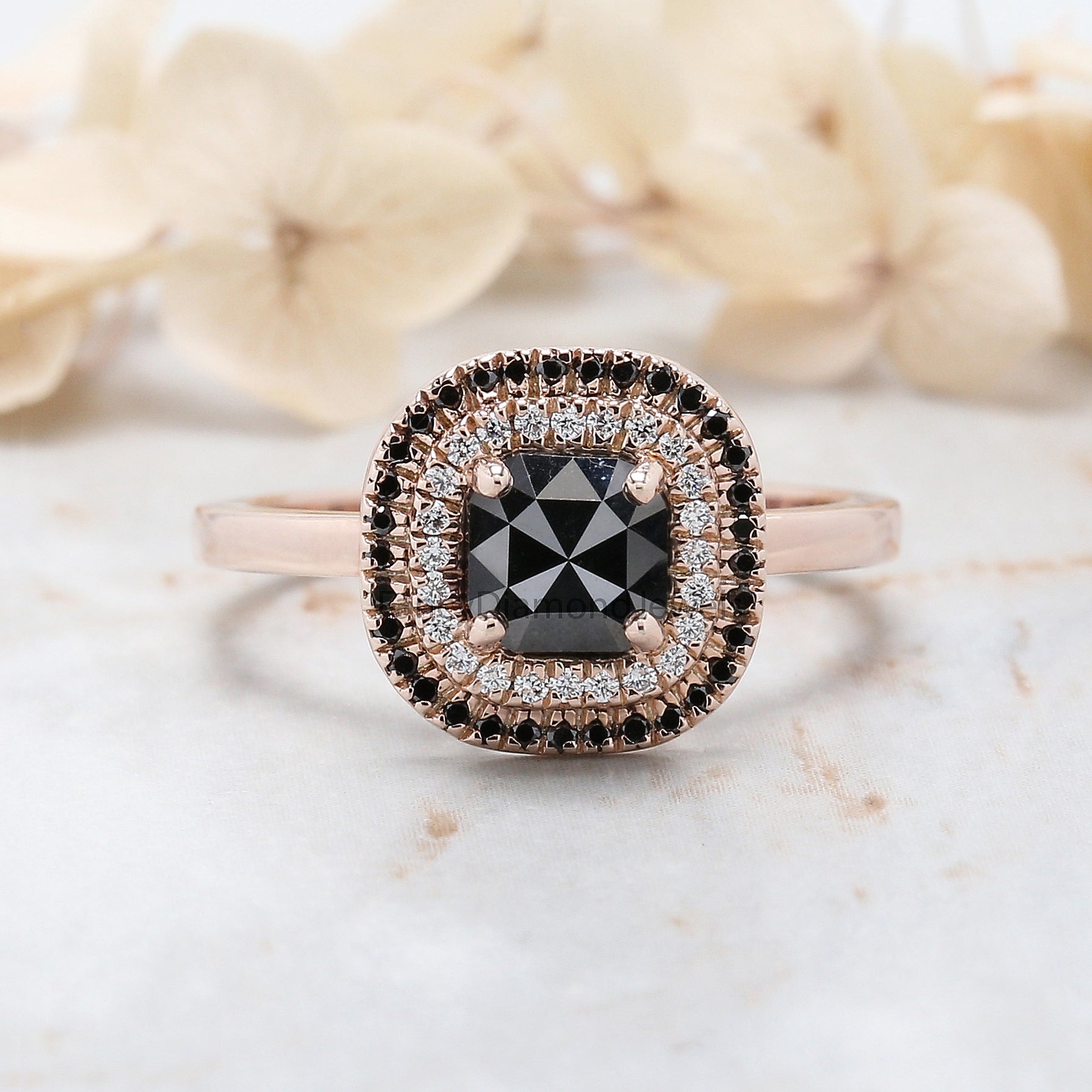 Cushion Shape Black Color Diamond Ring 1.02 Ct 5.80 MM Cushion Diamond Ring 14K Solid Rose Gold Silver Engagement Ring Gift For Her QN2518