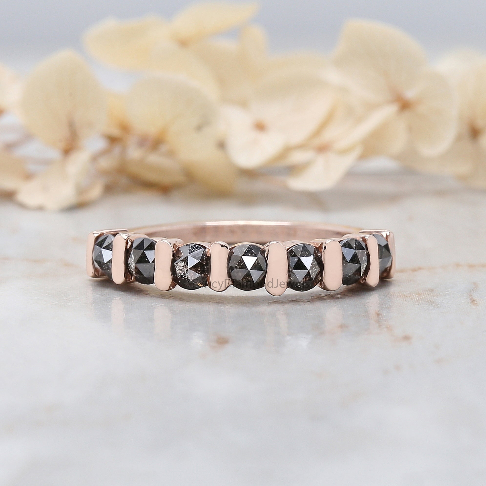 Round Rose Cut Salt And Pepper Diamond Ring 1.12 Ct 3.30 MM Round Diamond Ring 14K Rose Gold Silver Engagement Ring Gift For Her KD1222