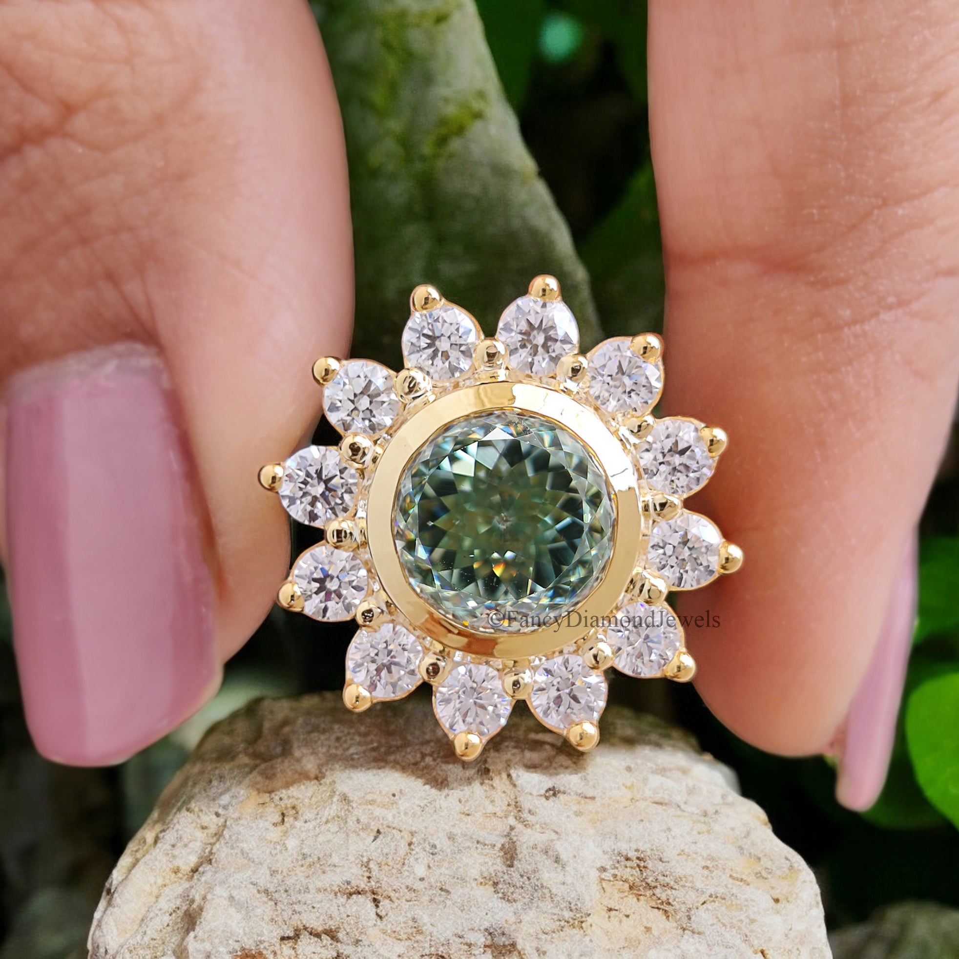 Portuguese Round Cut 8 MM Blue Moissanite Engagement Ring Yellow Gold Floral Style Halo Anniversary Ring Blue Moissanite Wedding Ring FD264