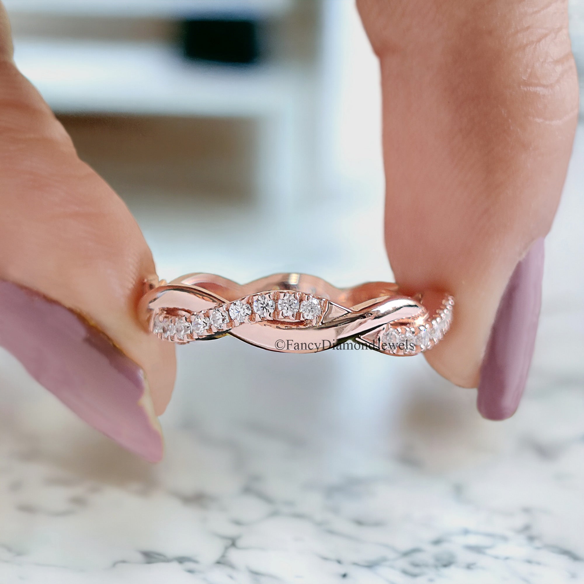 Unique Twisted Shank Wedding Band Rose Gold Matching Delicate Dainty Ring Stacking Full Eternity Bridal Wedding band Infinity band FD62