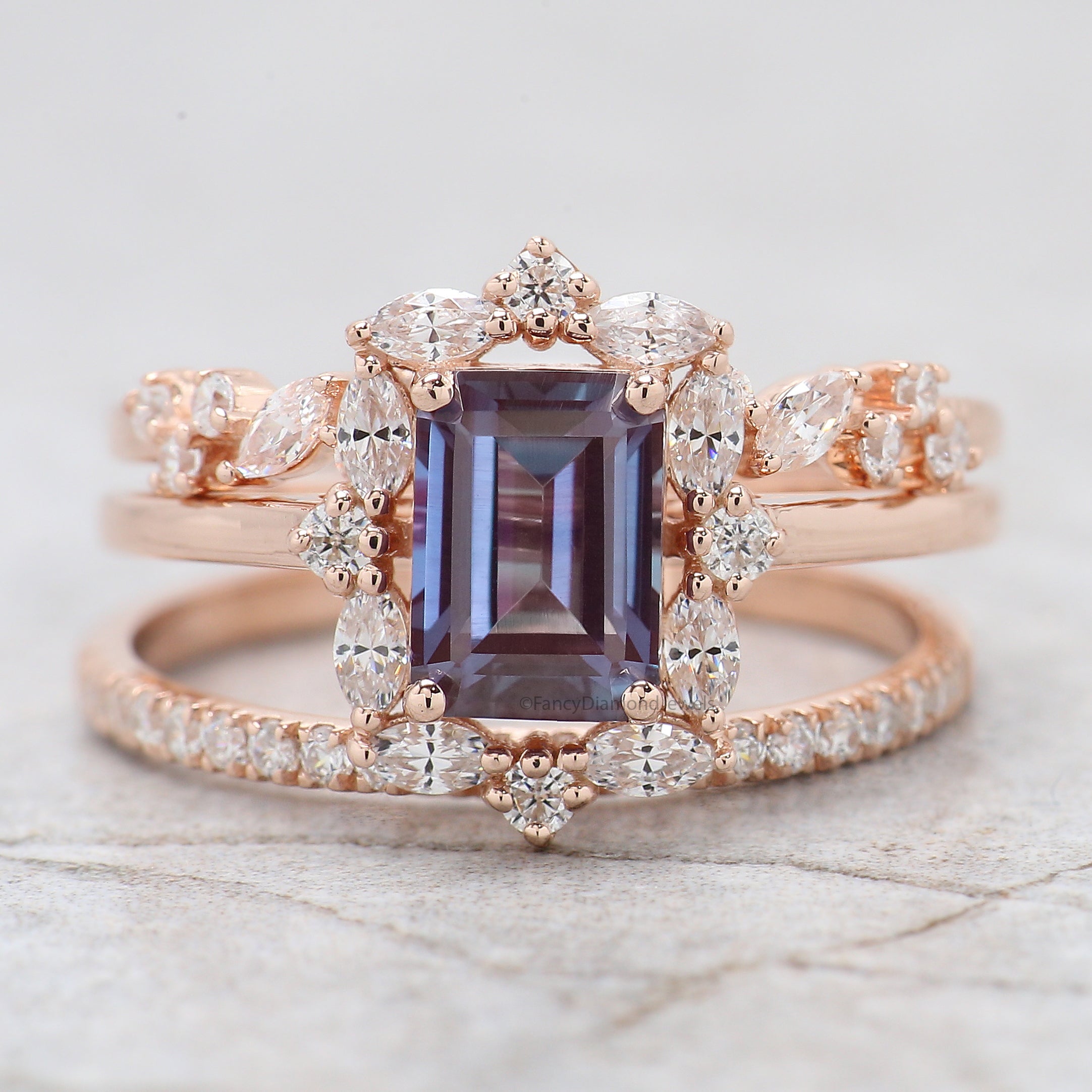 1.45 CT Emerald Cut Lab Alexandrite Engagement Ring Set Unique art deco Marquise halo Starburst Ring Round wedding ring Gift For Her FD417