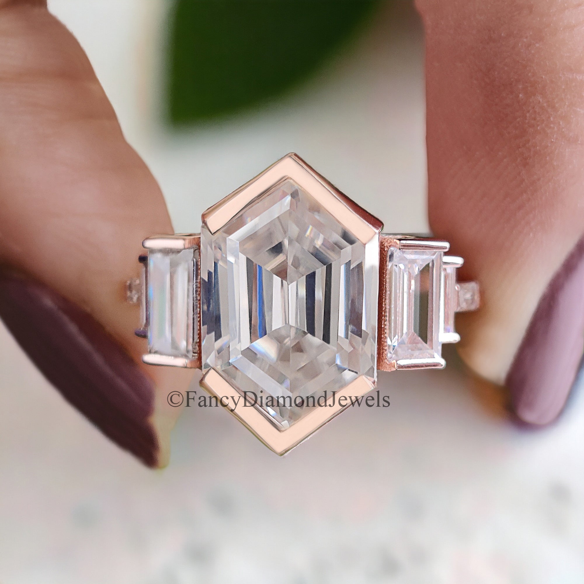 Hexagon Moissanite Engagement Ring Unique Rose Gold Engagement Ring Baguette Ring Bezel Set Art Deco Bridal Promise Anniversary Gift FD66