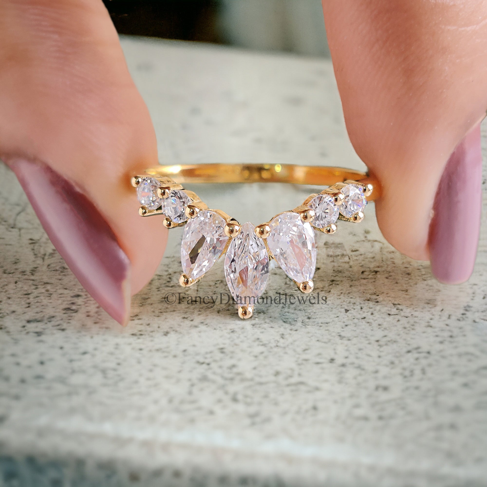 Curved Wedding Band Women Vintage Solid 14K Yellow Gold Moissanite Marquise Shape Diamond Wedding Band Bridal Stacking Promise Gift FD58