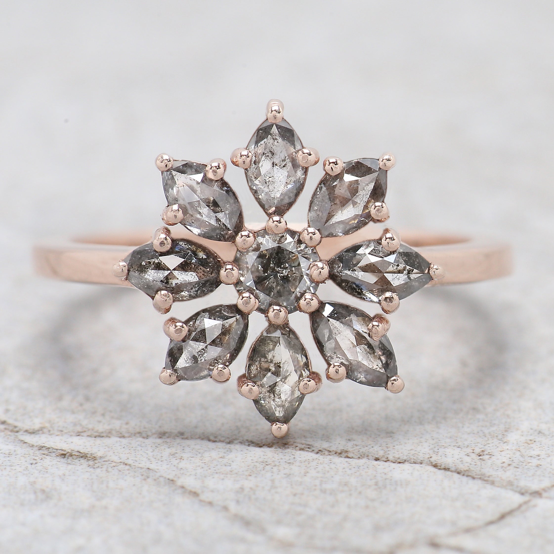 Marquise Cut Salt And Pepper Diamond Ring 0.93 Ct 4.65 MM Marquise Diamond Ring 14K Rose Gold Silver Engagement Ring Gift For Her QL1312