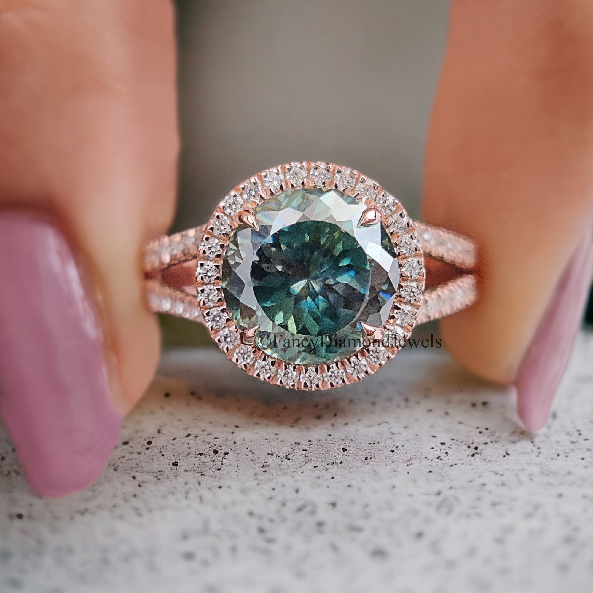 Cyan Blue Round Portuguese Cut Moissanite Ring - Rose Gold Halo Engagement Ring With Split Shank And Round Brilliant Cut Side Stones FD209