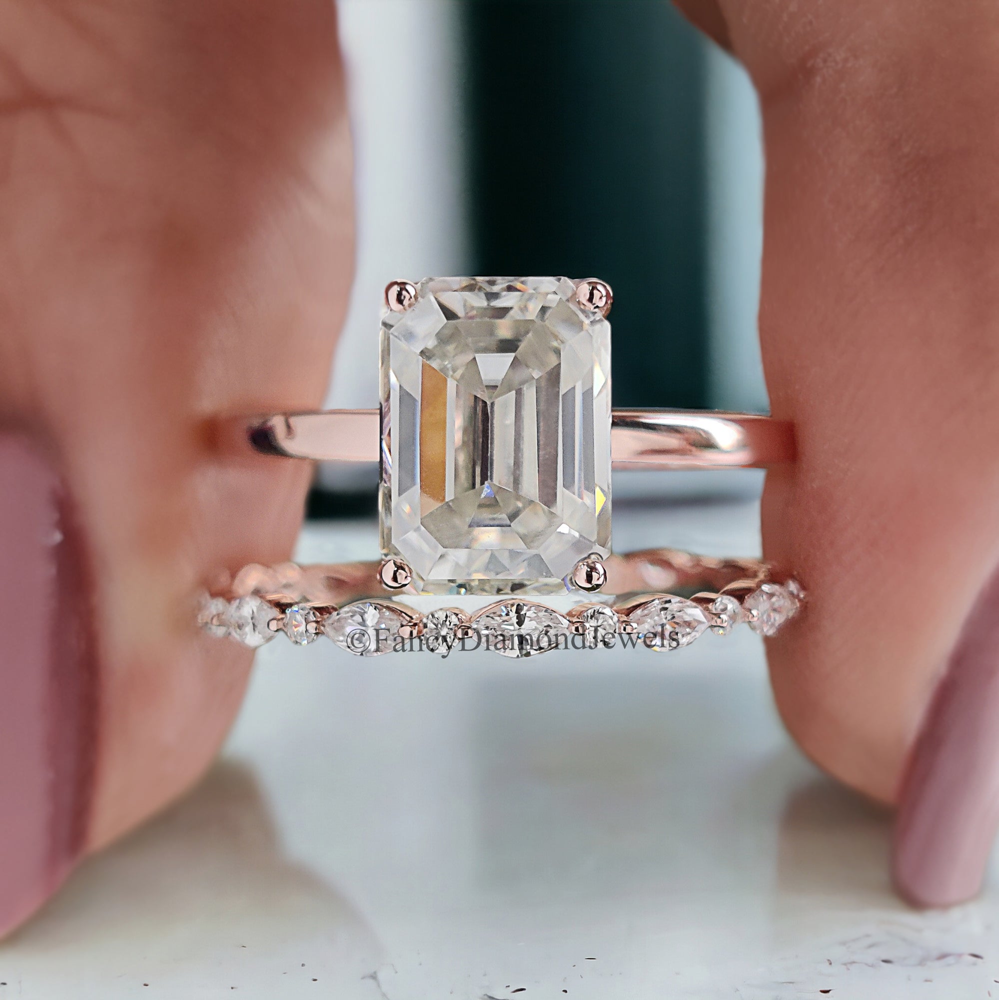 Emerald Cut Moissanite Engagement Ring Set Solitaire Engagement Ring Rose Gold Unique Full Eternity Ring Anniversary Gift For Women FD220