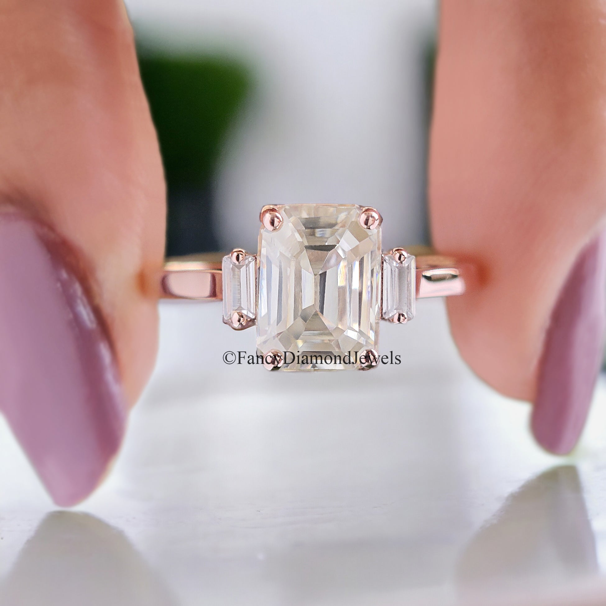 Three Stone Ring Emerald With Side Baguettes 1.50 CT Colorless Emerald Moissanite Engagement Ring Wedding Ring Rose Gold Designer Ring FD95