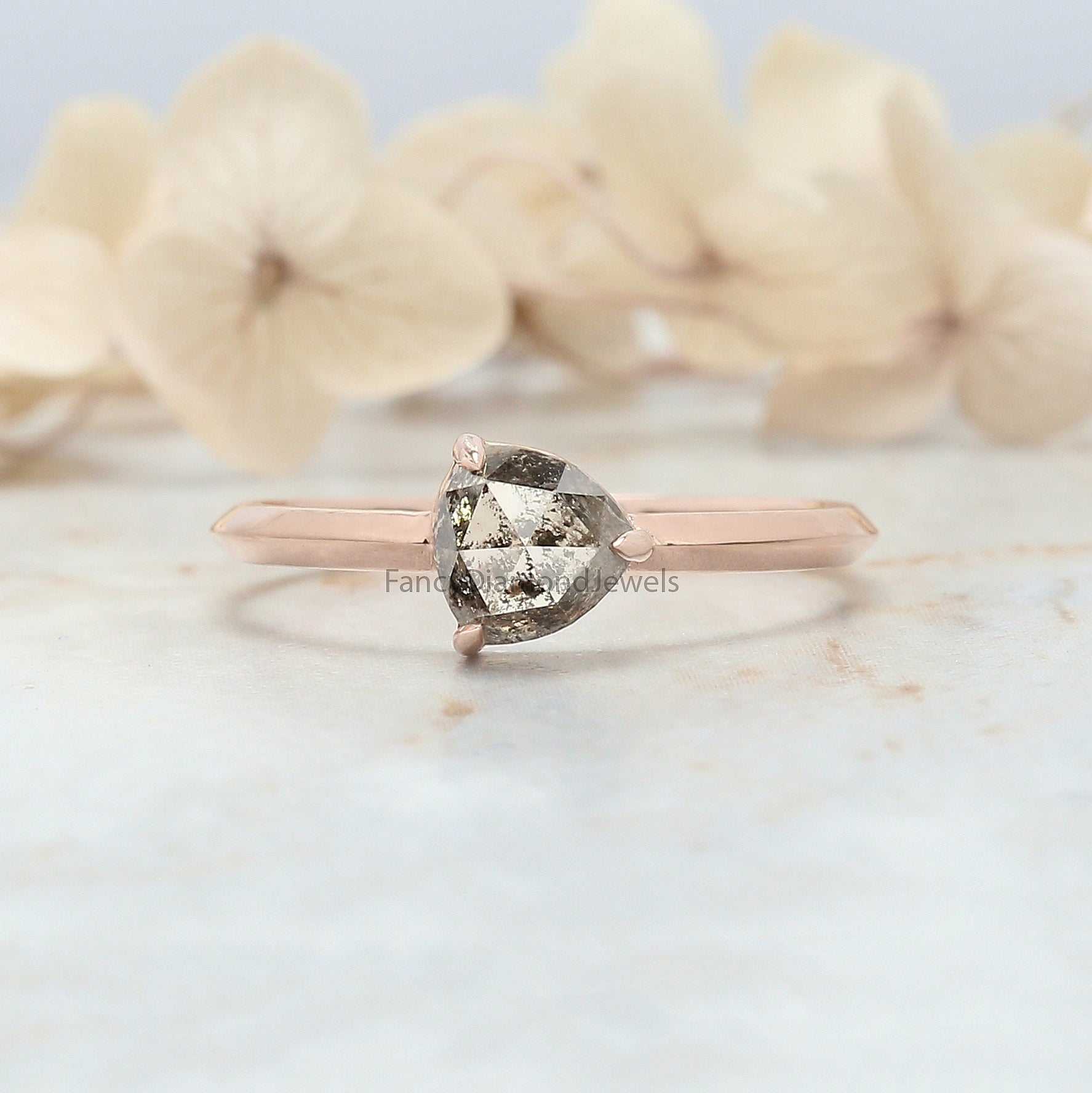 Triangle Salt And Pepper Diamond Ring 0.95 Ct 5.71 MM Triangle Diamond Ring 14K Solid Rose Gold Silver Engagement Ring Gift For Her QL3060