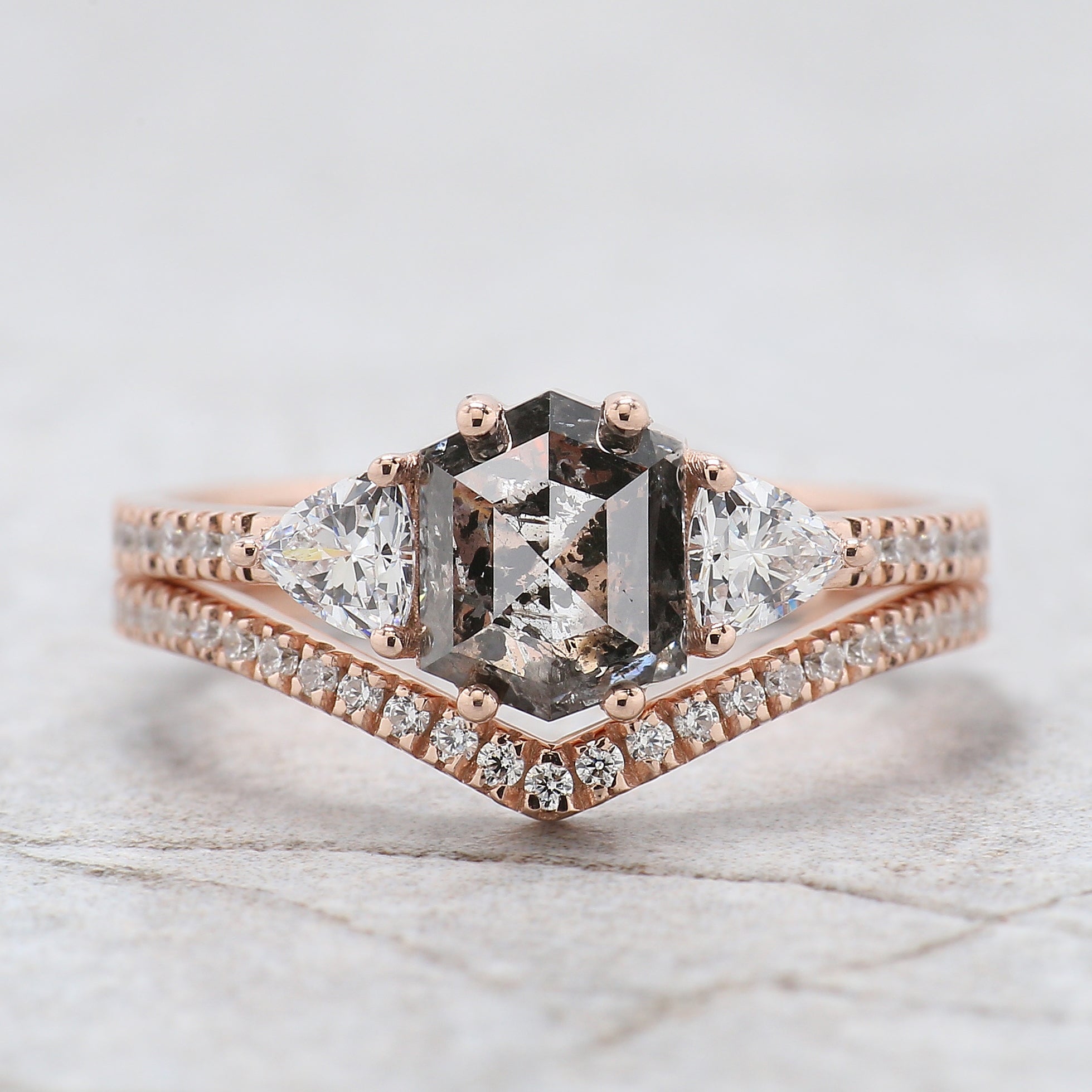 Hexagon Cut Salt And Pepper Diamond Ring 1.23 Ct 6.92 MM Hexagon Cut Diamond Ring 14K Rose Gold Silver Engagement Ring Gift For Her QL2743