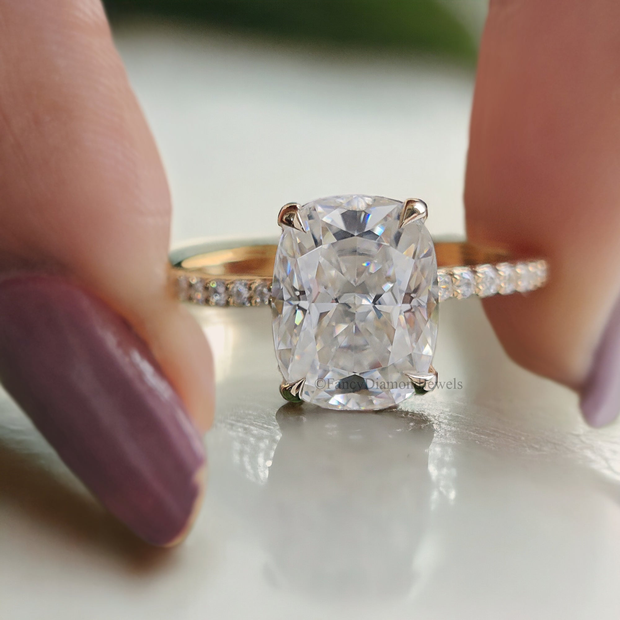 2.30 CT Cushion Ice Crushed Colorless Moissanite Engagement Ring Hidden Halo Ring Claw Prongs Solid White Gold Ring Wedding Ring Set FD116