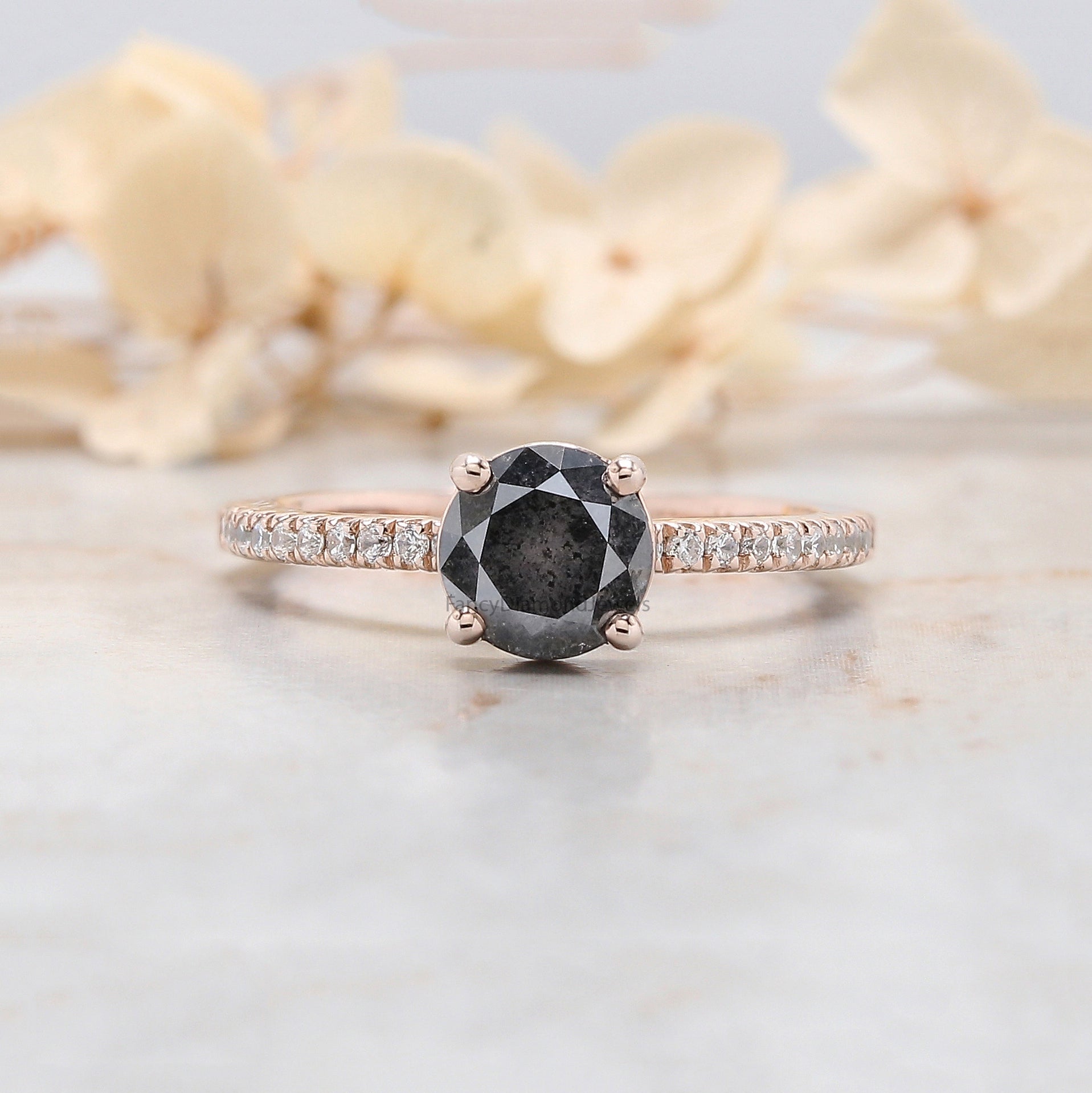 Round Cut Salt And Pepper Diamond Ring 1.25 Ct 6.40 MM Round Diamond Ring 14K Solid Rose Gold Silver Engagement Ring Gift For Her QL8301