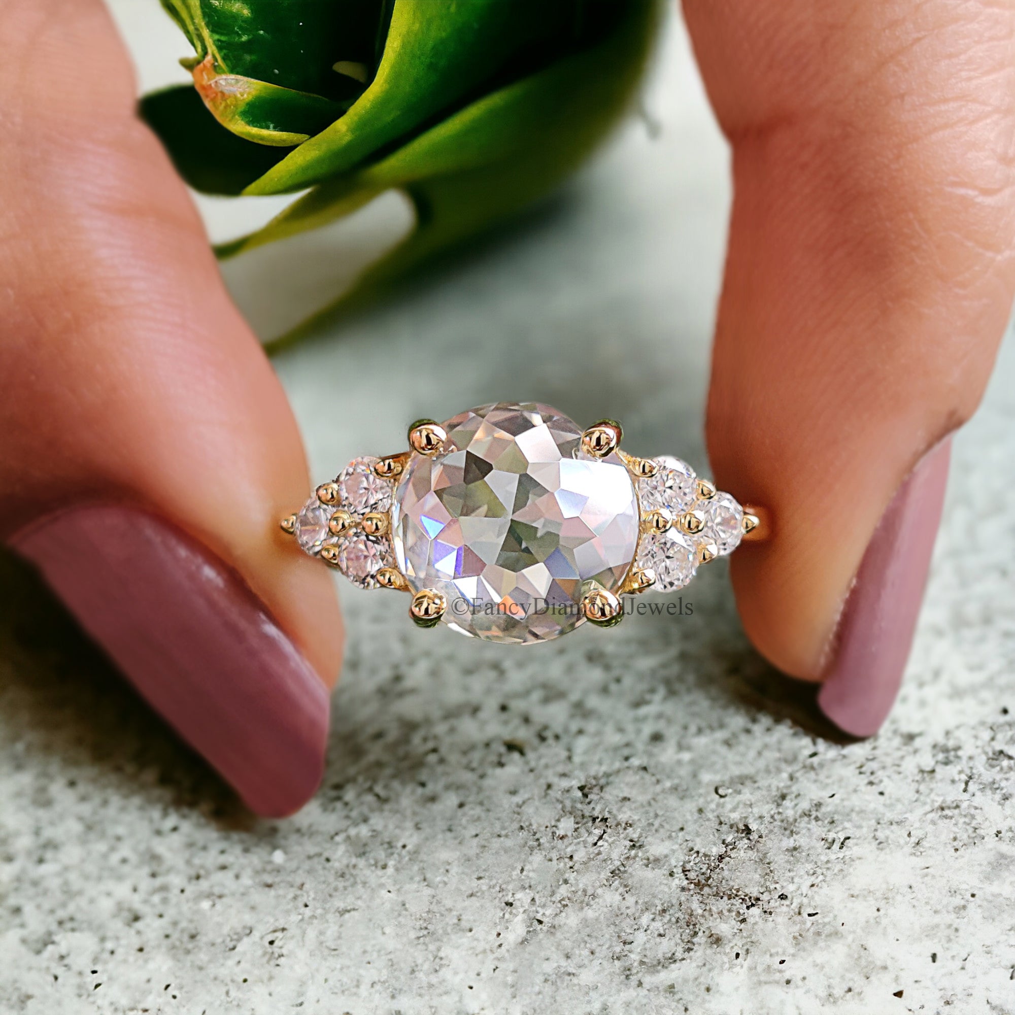 2.65 CTW Round Rose Cut Colorless Moissanite Ring Vintage Engagement Prongs Wedding Ring Anniversary Gift Designer Style Gold Ring FD156