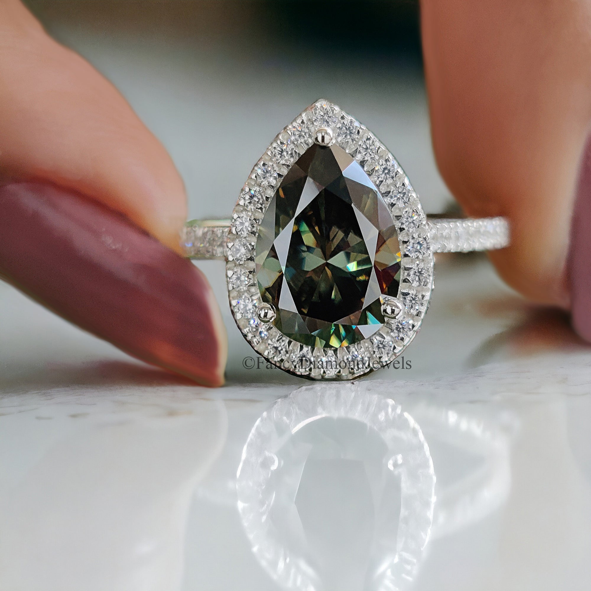 Pear Cyan Green Moissanite Ring Halo Engagement Ring 2.30 TW Pear Shaped Moissanite Ring Proposal Ring For Her Anniversary Gift Ring FD40