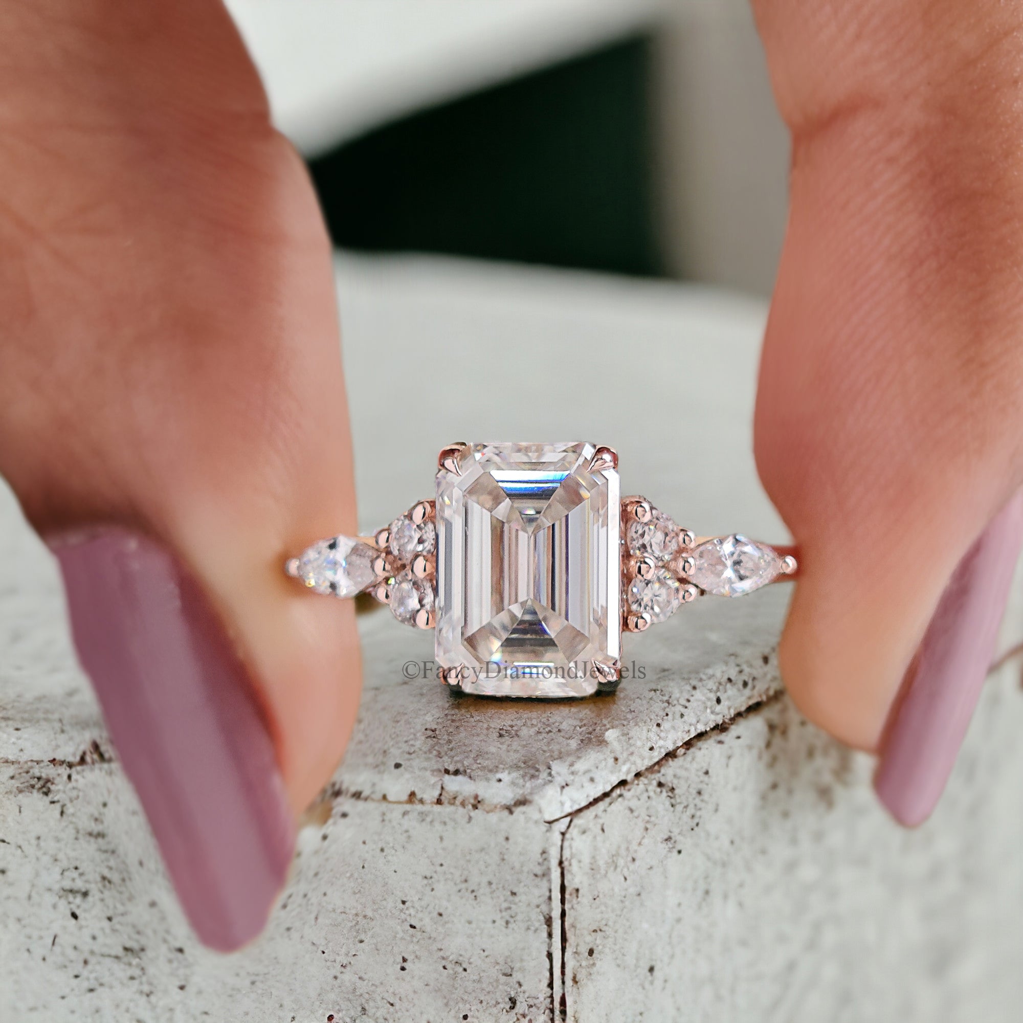 Vintage Emerald Moissanite Engagement Ring Delicate Anniversary Ring Prong Set Simulated Diamond Ring Milgrain Antique Wedding Ring FD180