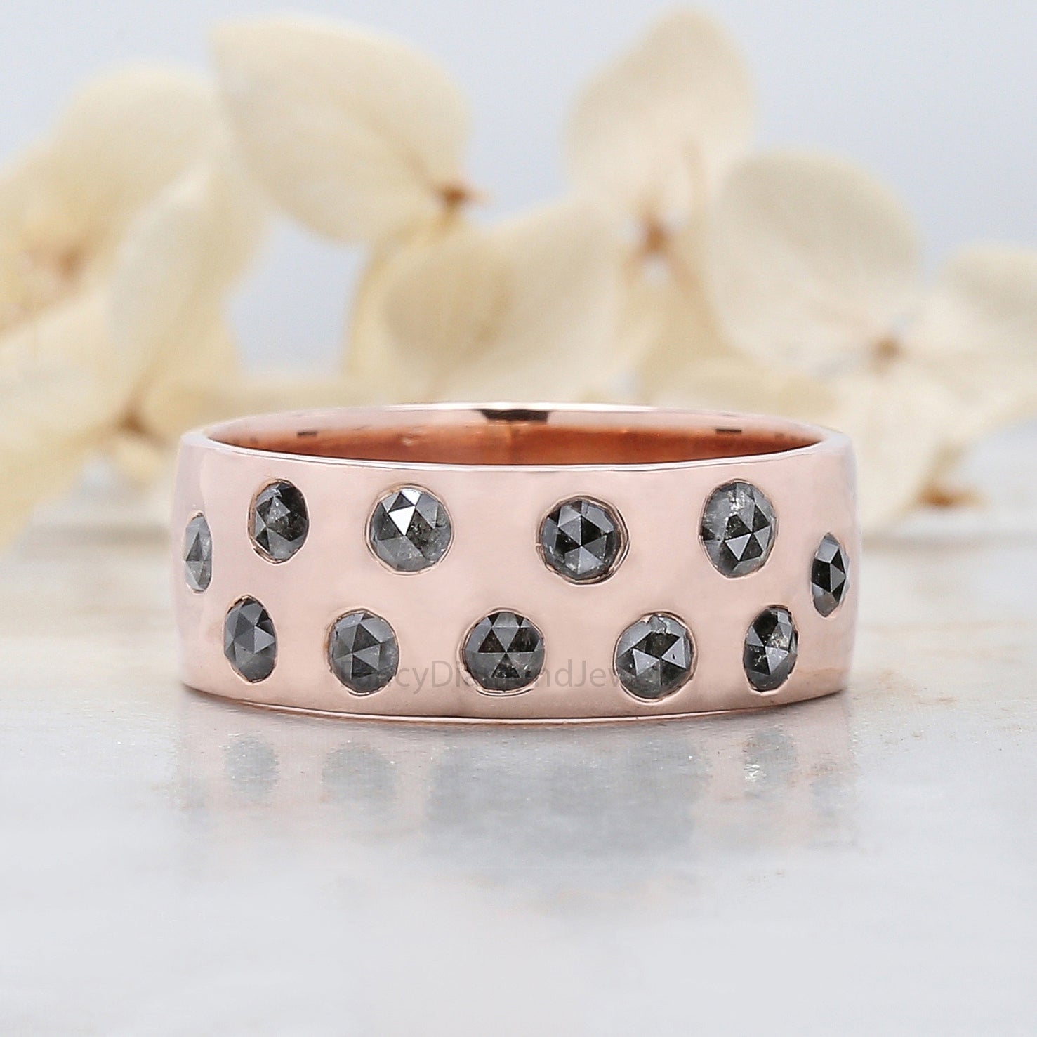 Round Rose Cut Salt And Pepper Diamond Band, Salt And Pepper Rose Cut Diamond Engagement Band, Rose Cut Diamond Band, Round Band KDL1552