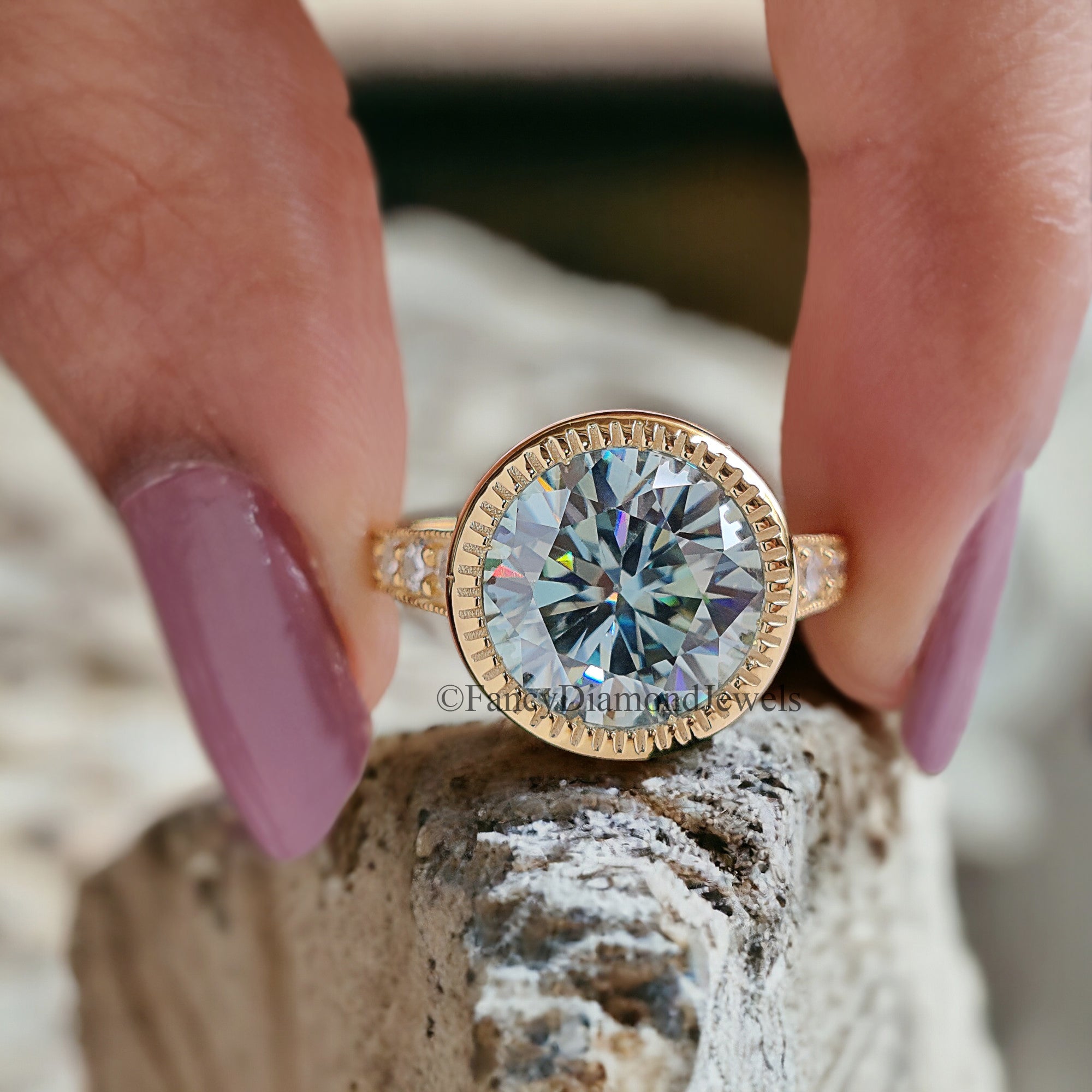 Round Cut Aqua Blue Moissanite Engagement Wedding Ring 14K Solid Gold Anniversary Ring Proposal Bezel Ring Authentic Moissanite Ring FD177