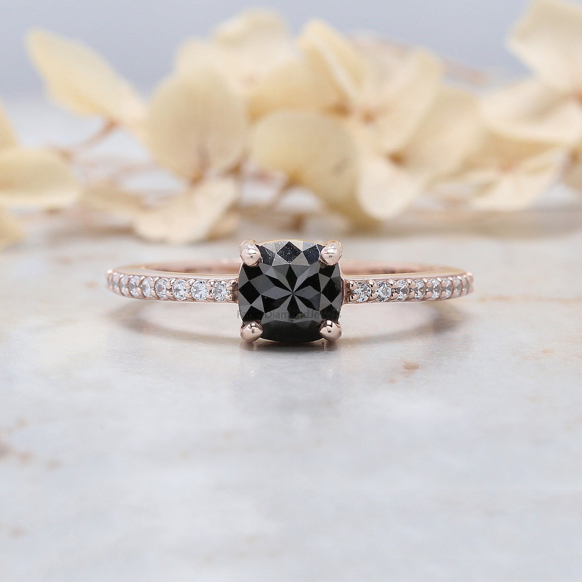 Cushion Black Color Diamond Ring 1.07 Ct 5.90 MM Cushion Shape Diamond Ring 14K Solid Rose Gold Silver Engagement Ring Gift For Her QN2524