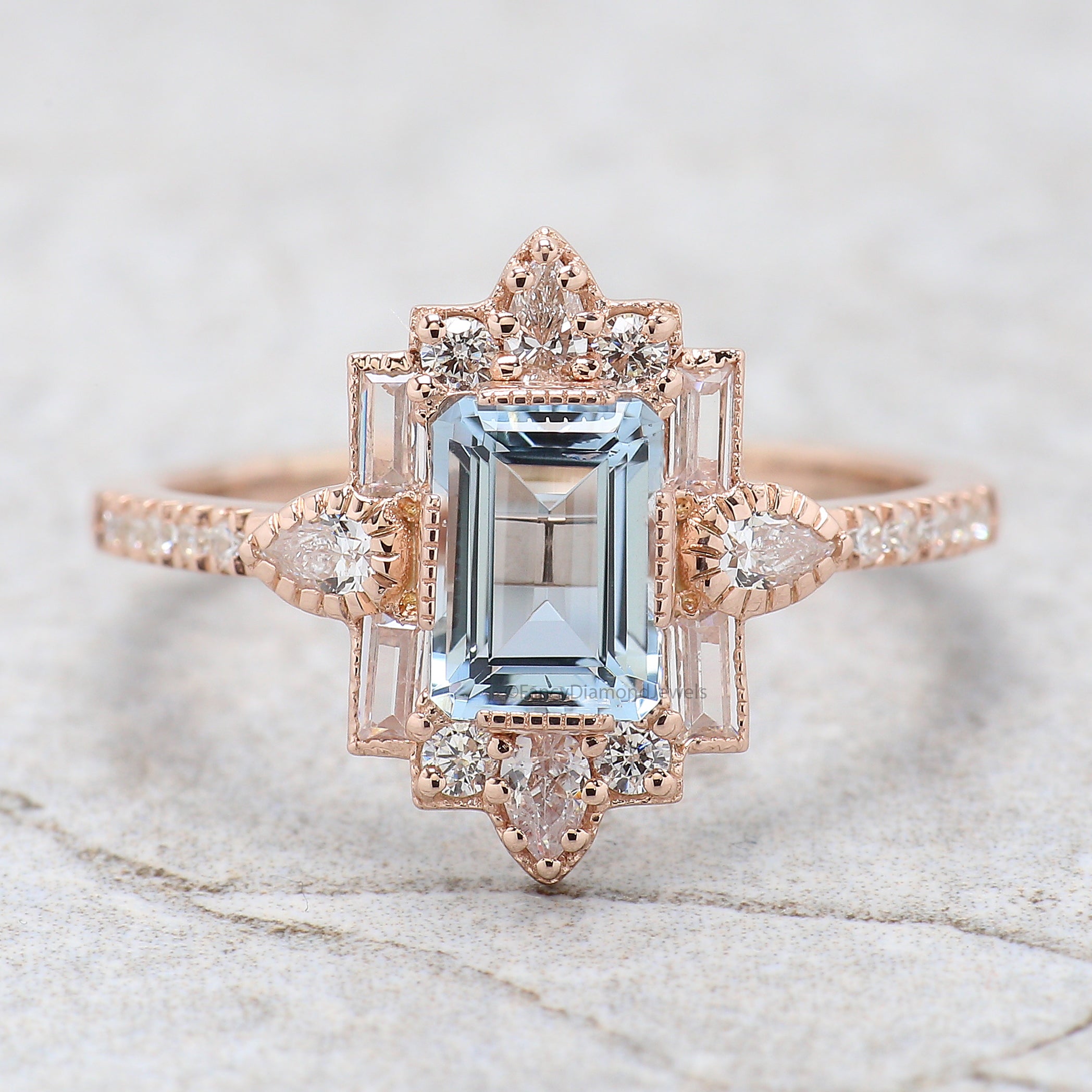 Emerald Cut Natural Aquamarine Engagement Ring Baguette wedding ring Unique art deco ring Pear halo ring Starburst ring Gift For Her FD385